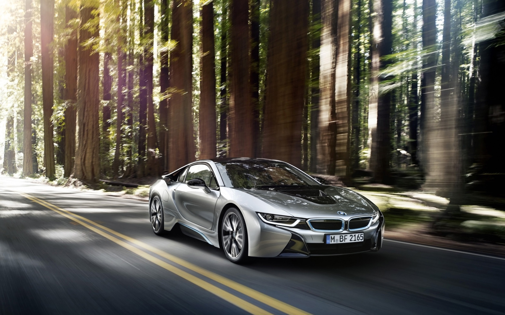 Новый BMW i8 на дороге в лесу