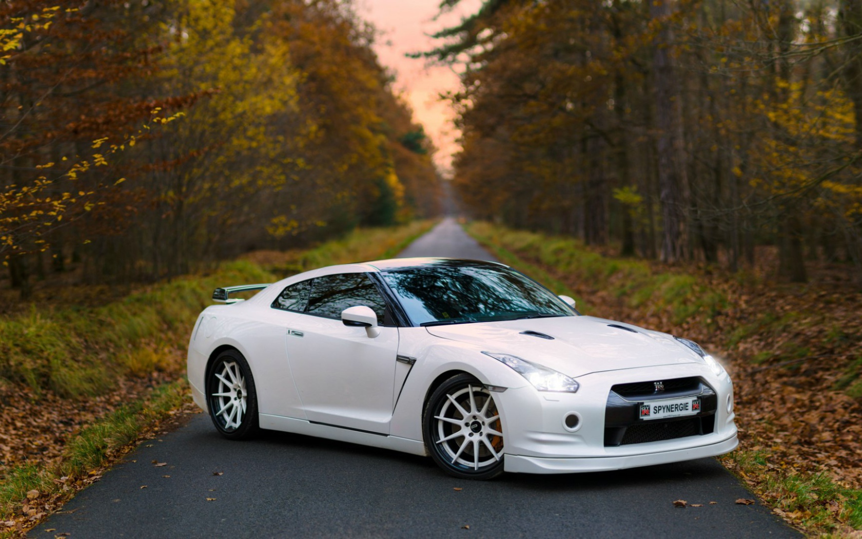 Белый Nissan GT-R на дороге в лесу