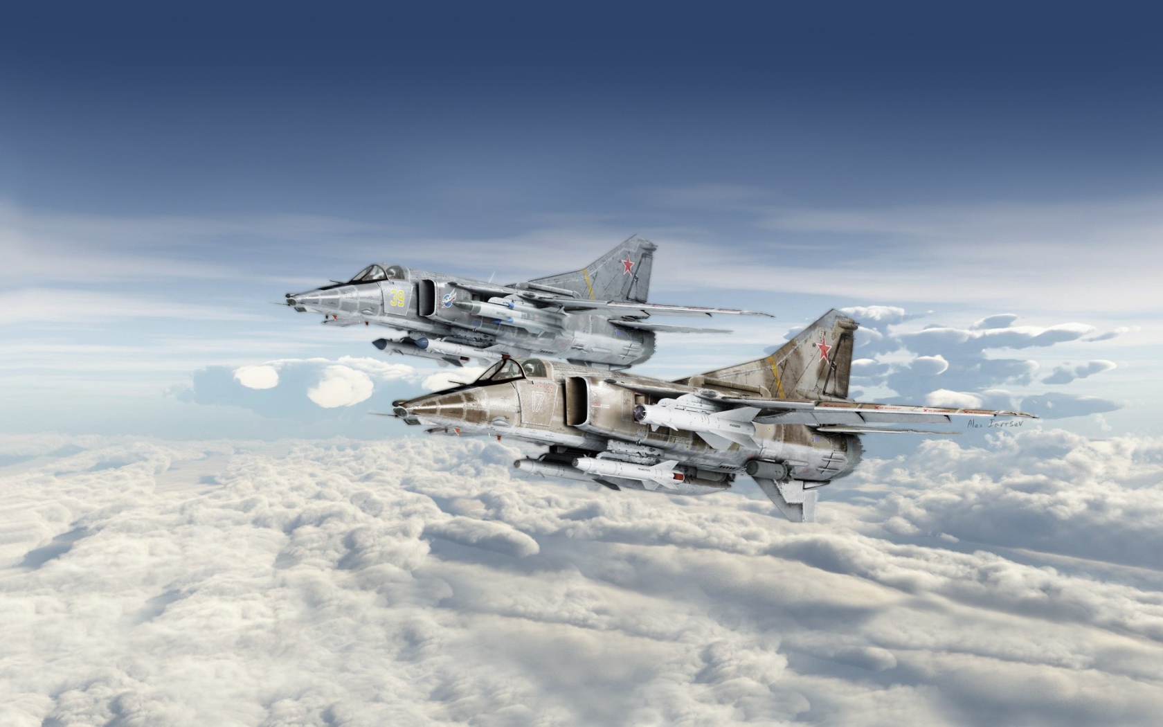 Истребители Mikoyan MiG-27 над облаками