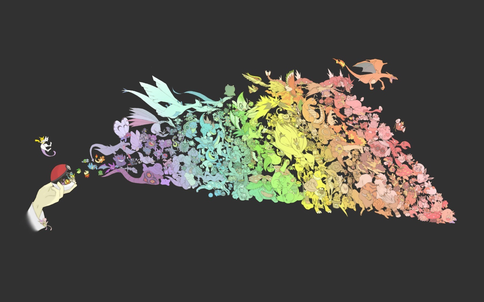 Стая летающих покемонов на сером фоне