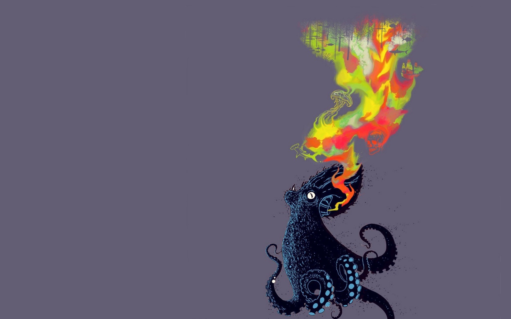 Огнедышащий осьминог, серый фон