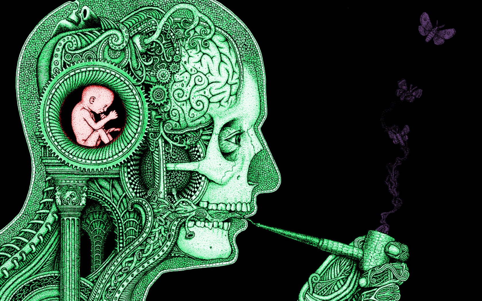 Зеленый силуэт курящего человека на черном фоне