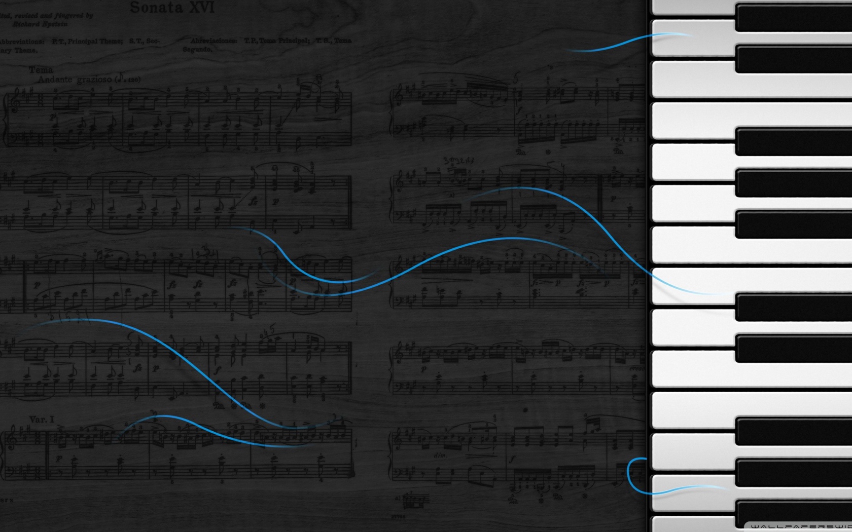 Волны музыки пианино на фоне нот