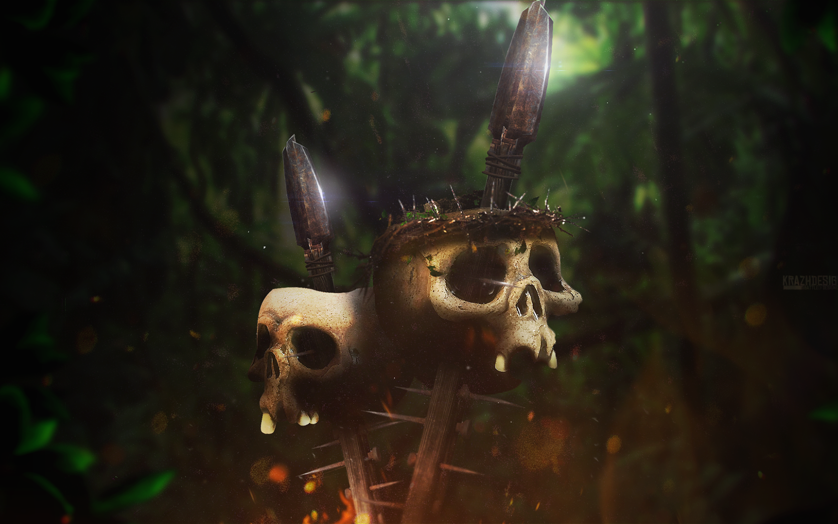 Черепа на копьях в джунглях