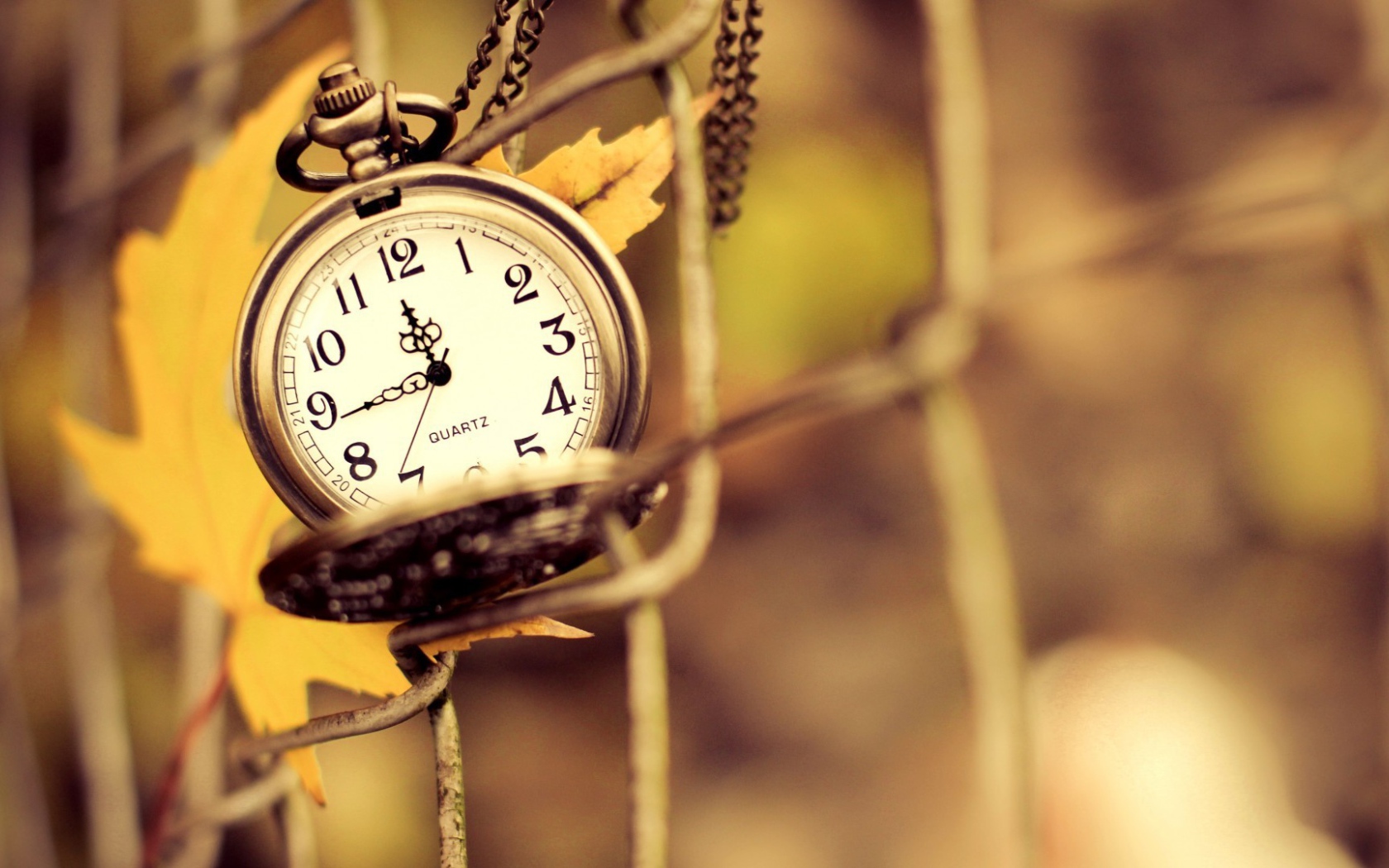 Часы на цепочке и осенний лист