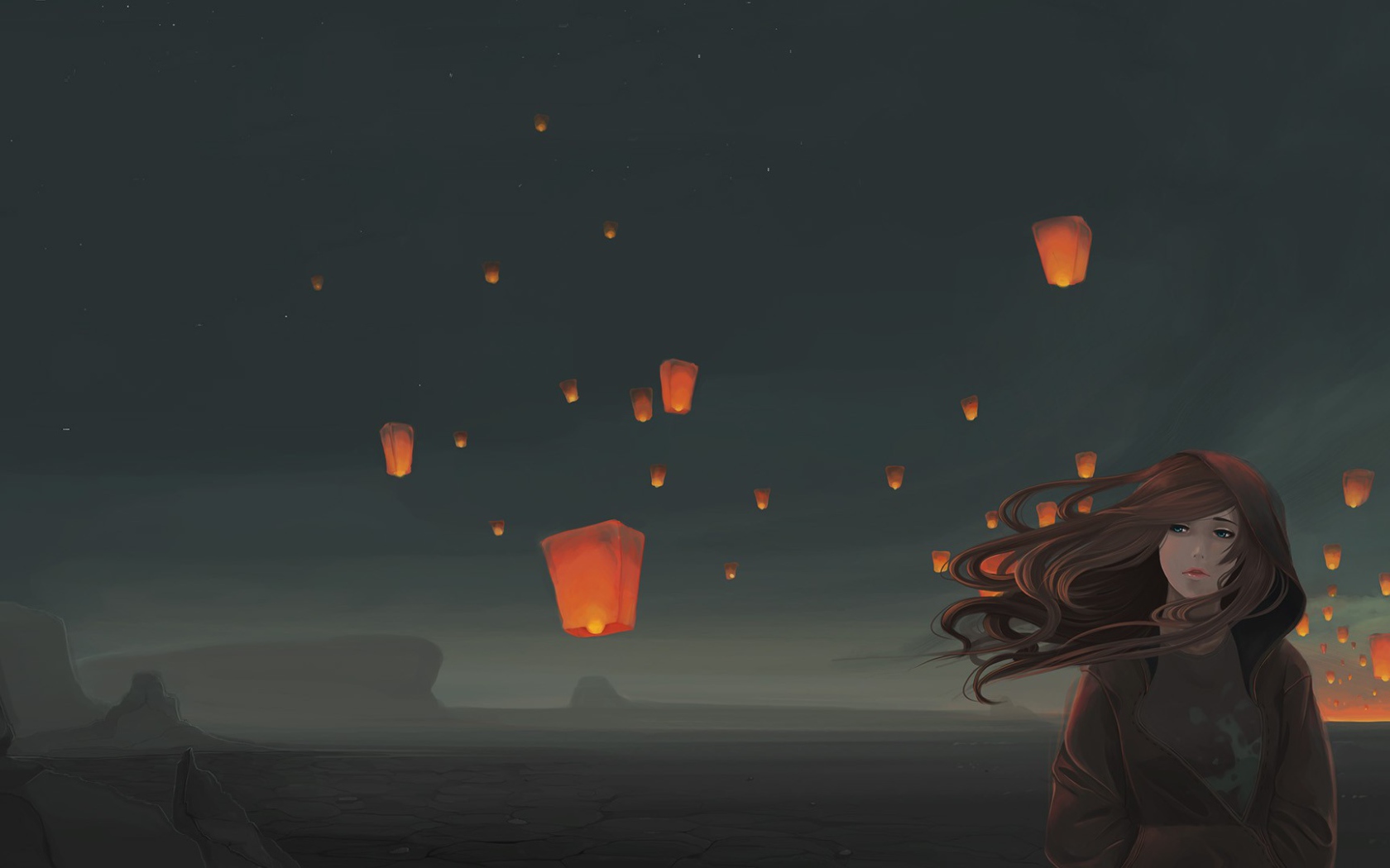 Китайские фонарики за спиной у девушки