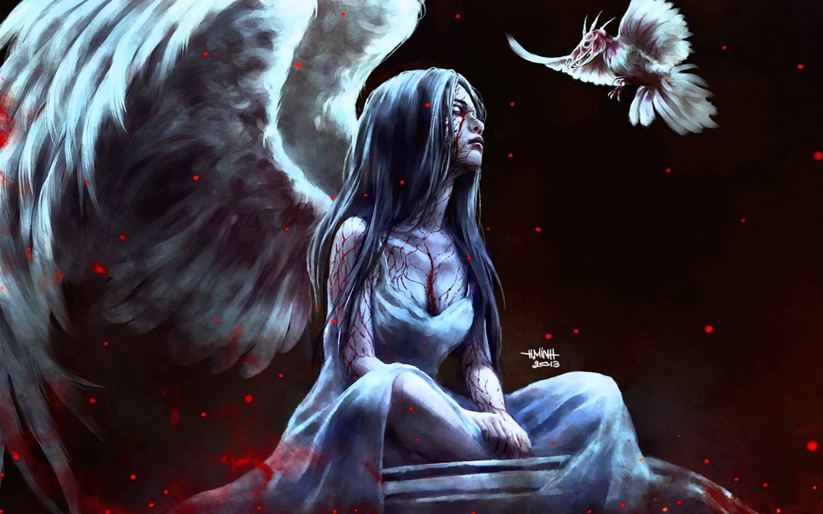 Фентези птица подлетела к девушке, художник NanFe