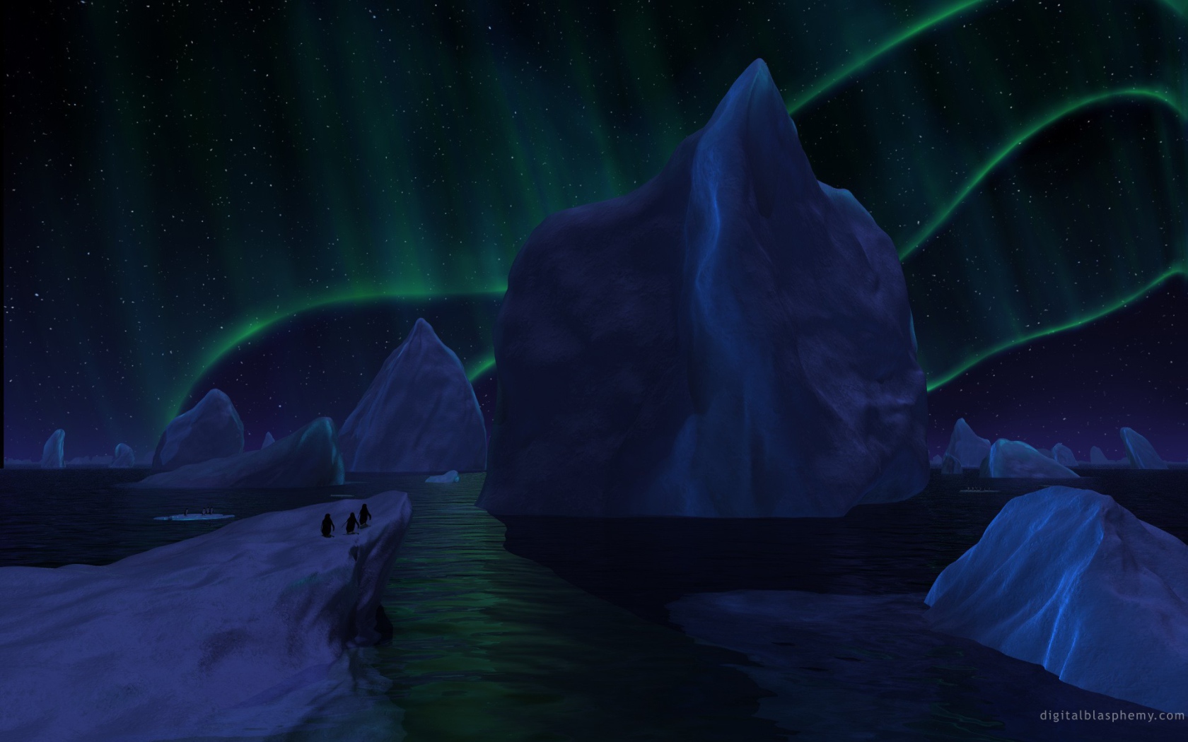 Айсберги под северным сиянием