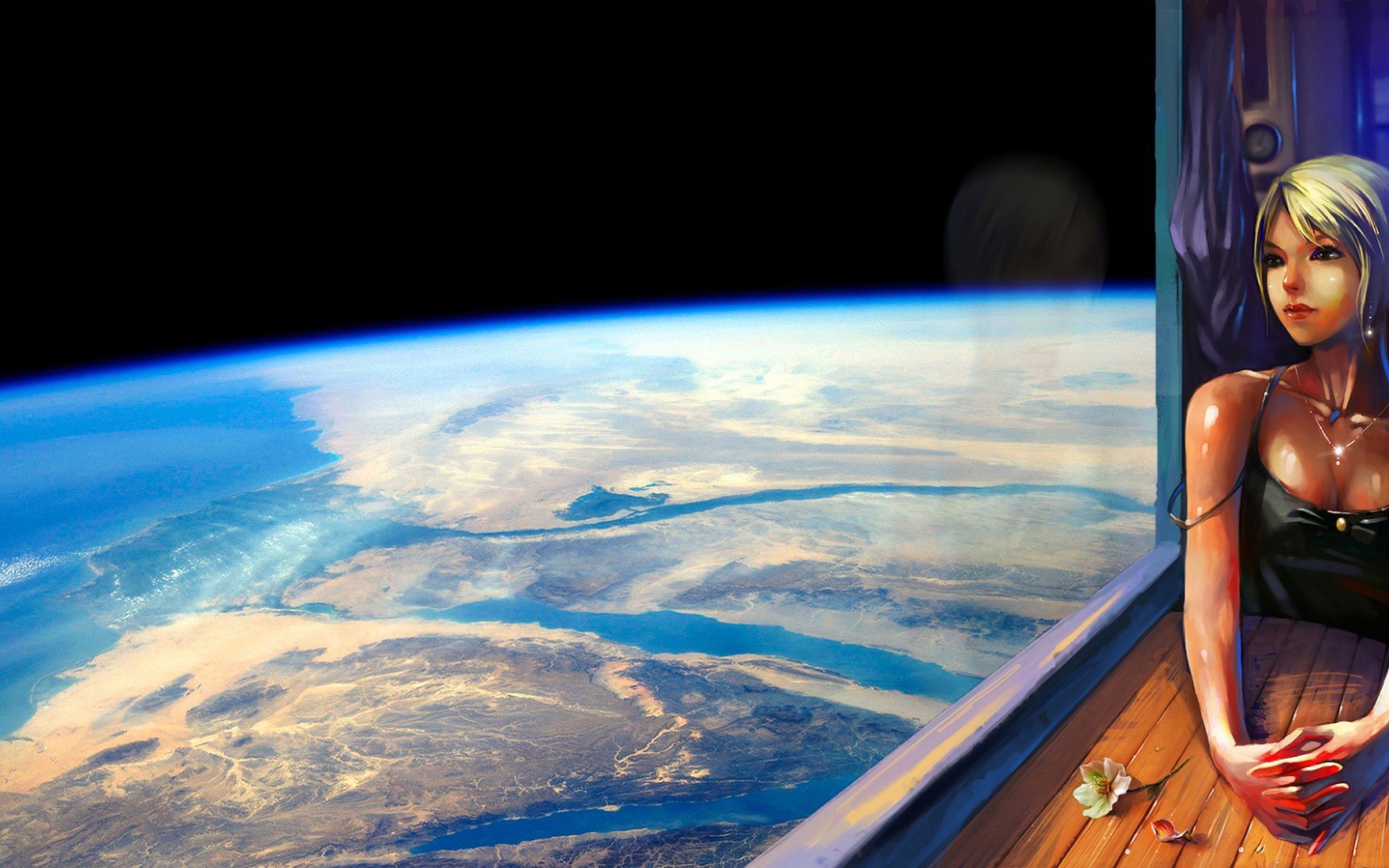 Девушка блондинка смотрит в окно на Землю