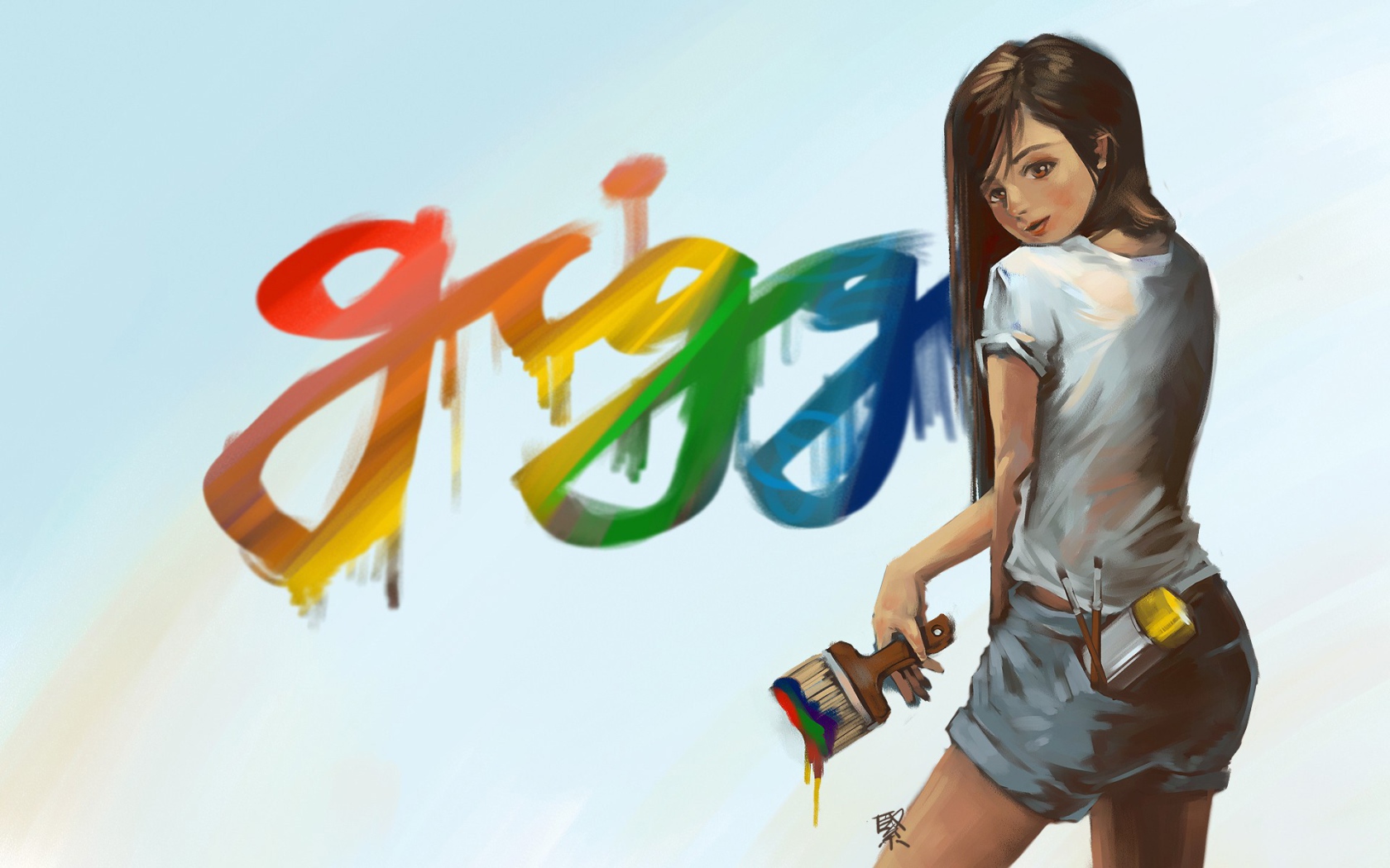 Девушка рисует красками на стене