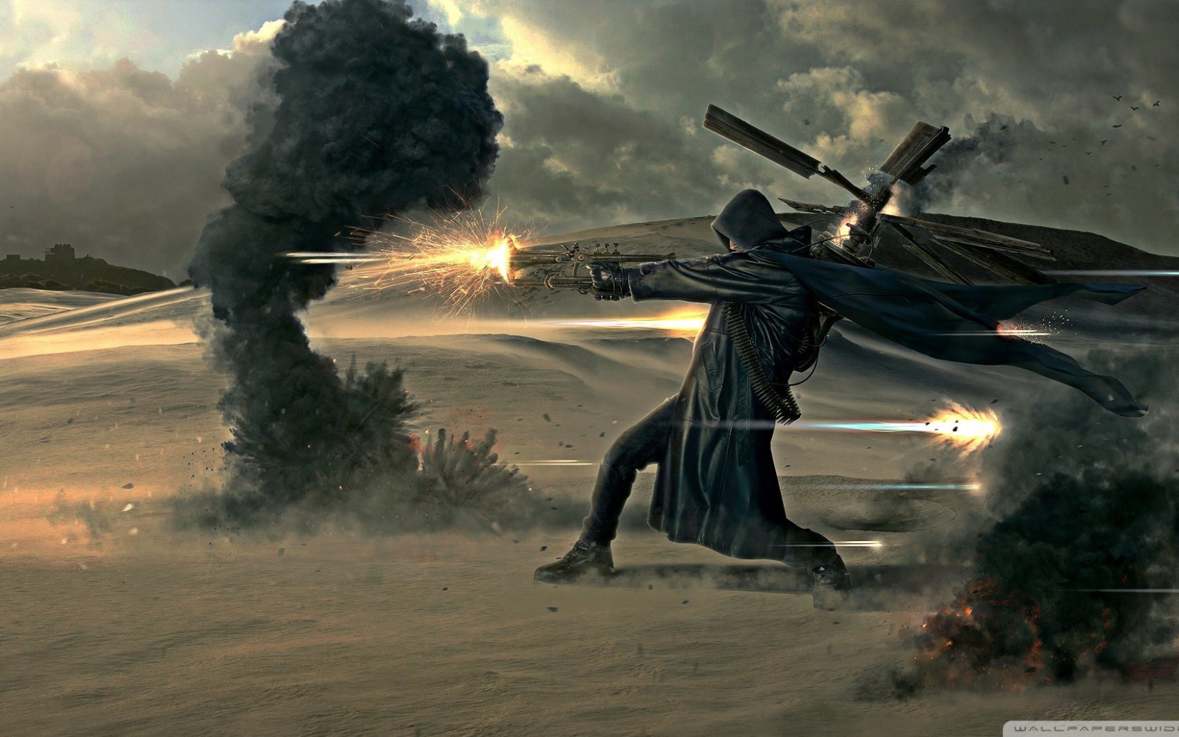 Солдат в черном плаще стреляет из оружия