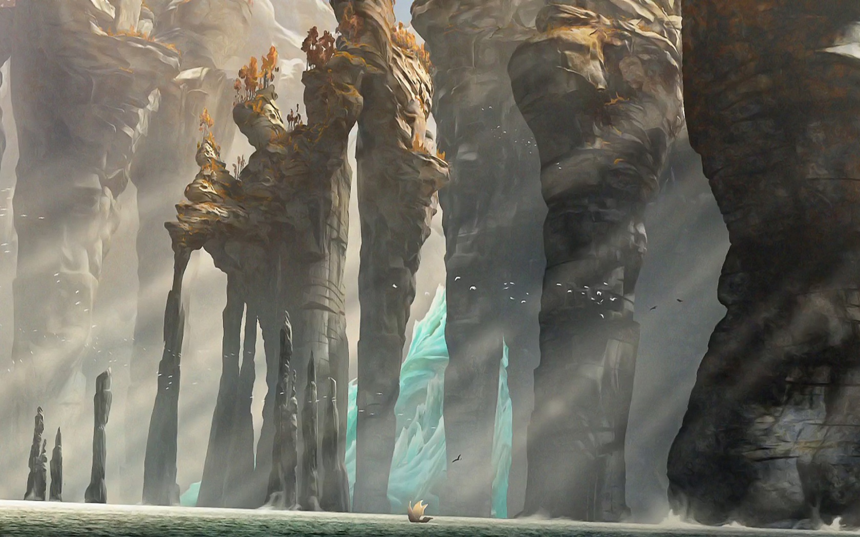 Лодка у подножия каменных столбов