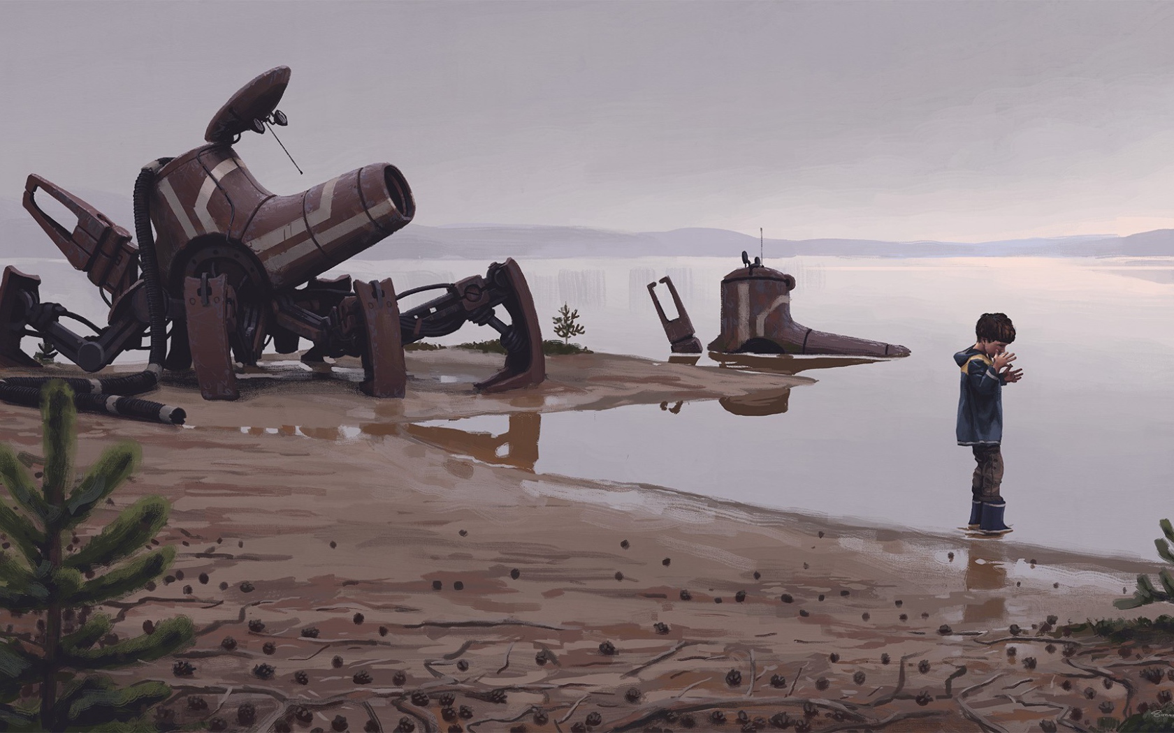 Мальчик возле обломков робота на берегу