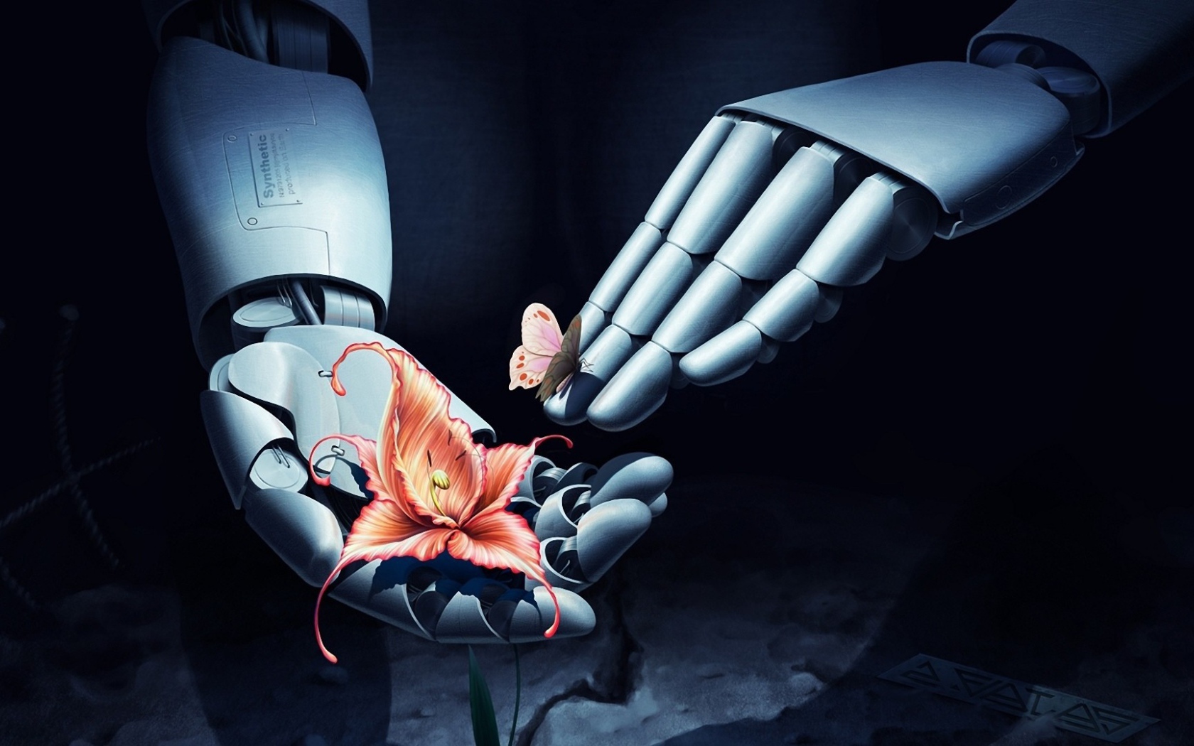 Бабочка и цветок в руках робота