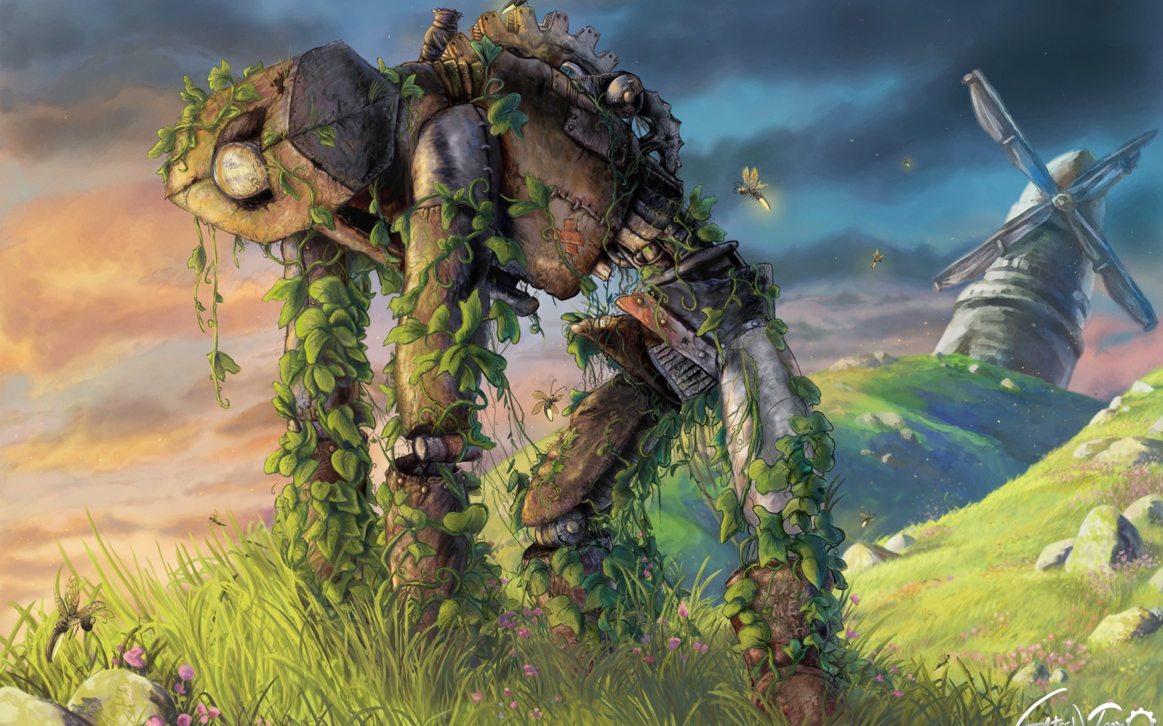 Поросший травой старый робот