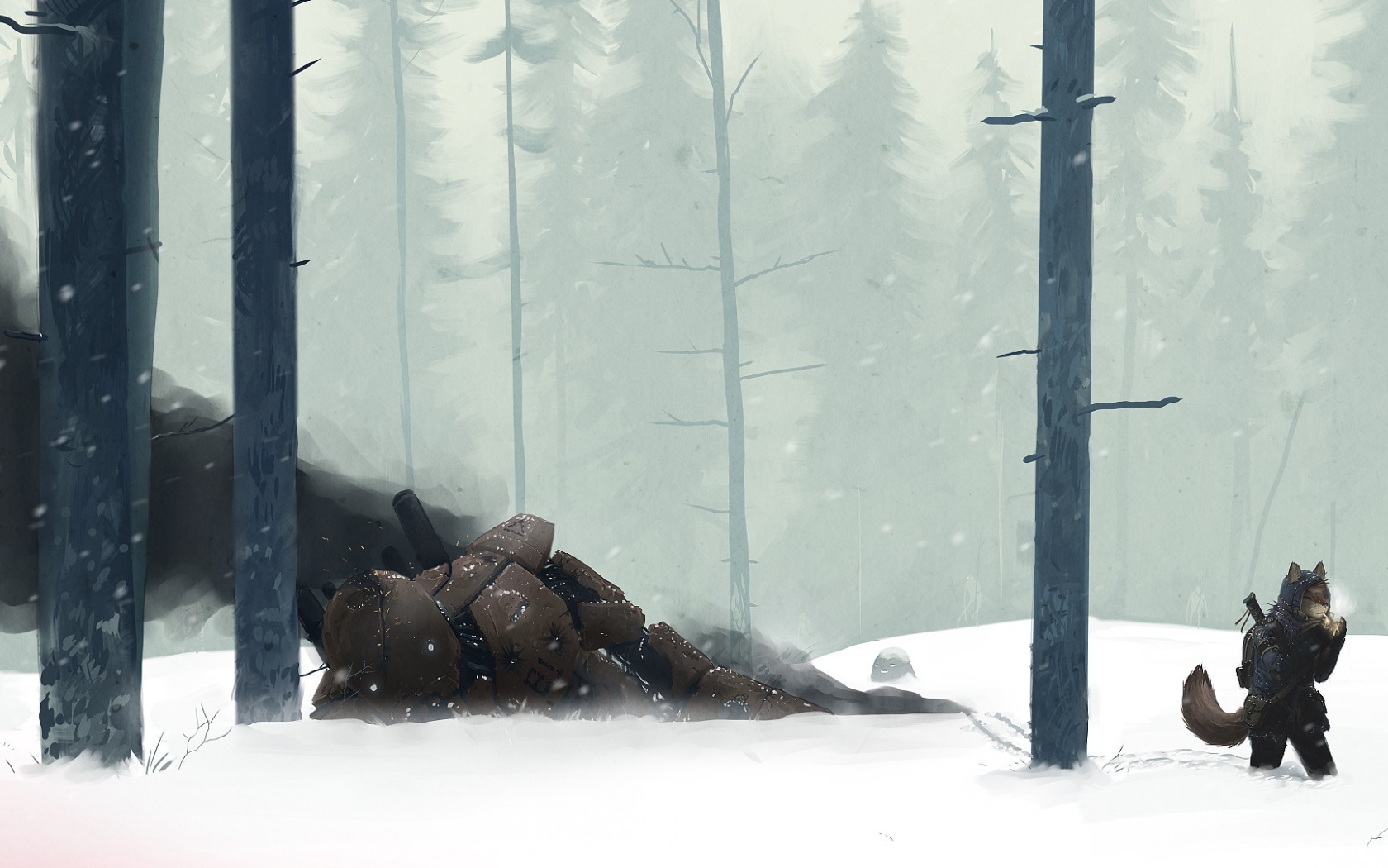 Поверженный робот в зимнем лесу