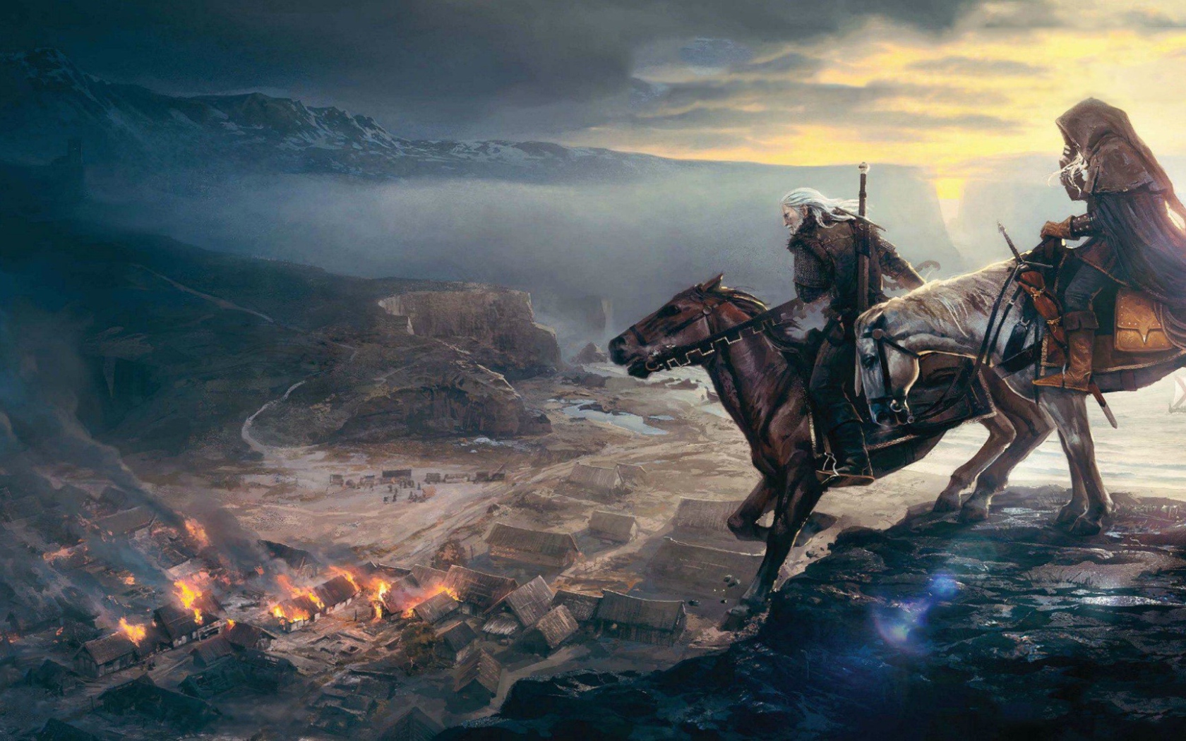 Всадники смотрят на горящую деревню