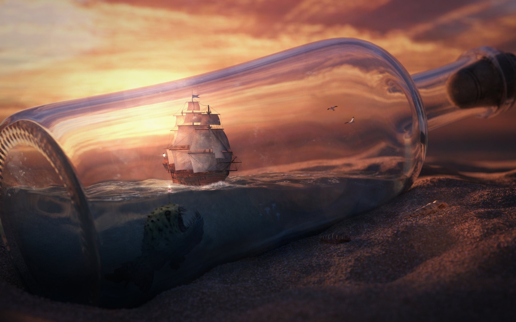 Морское чудовище и корабль в бутылке