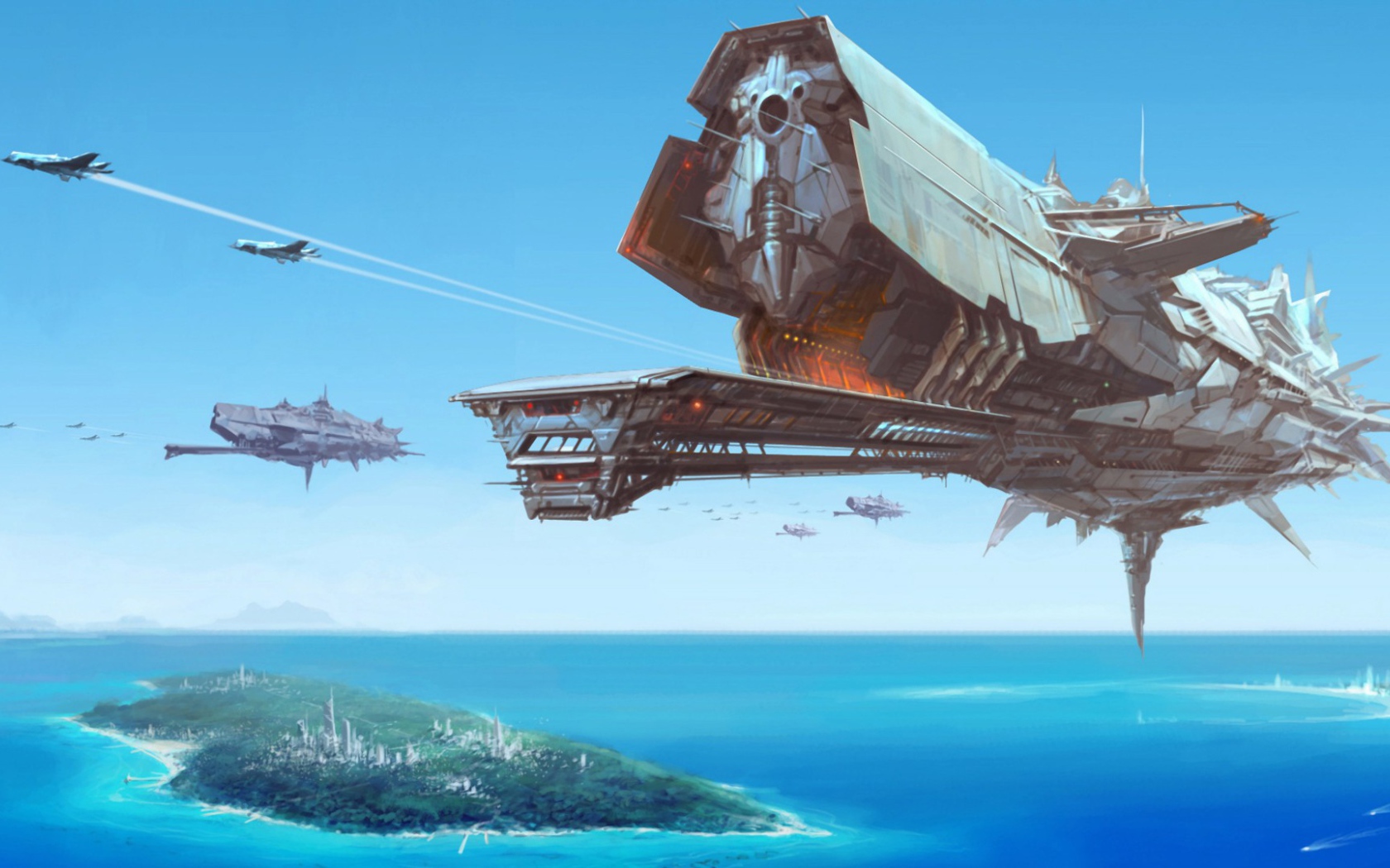 Космический корабль над островом в море