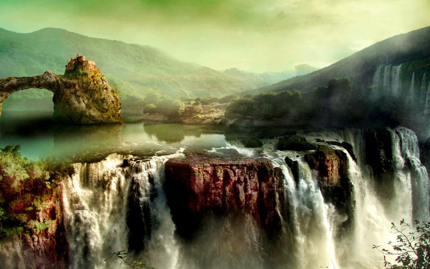 Замок на скале над водопадом