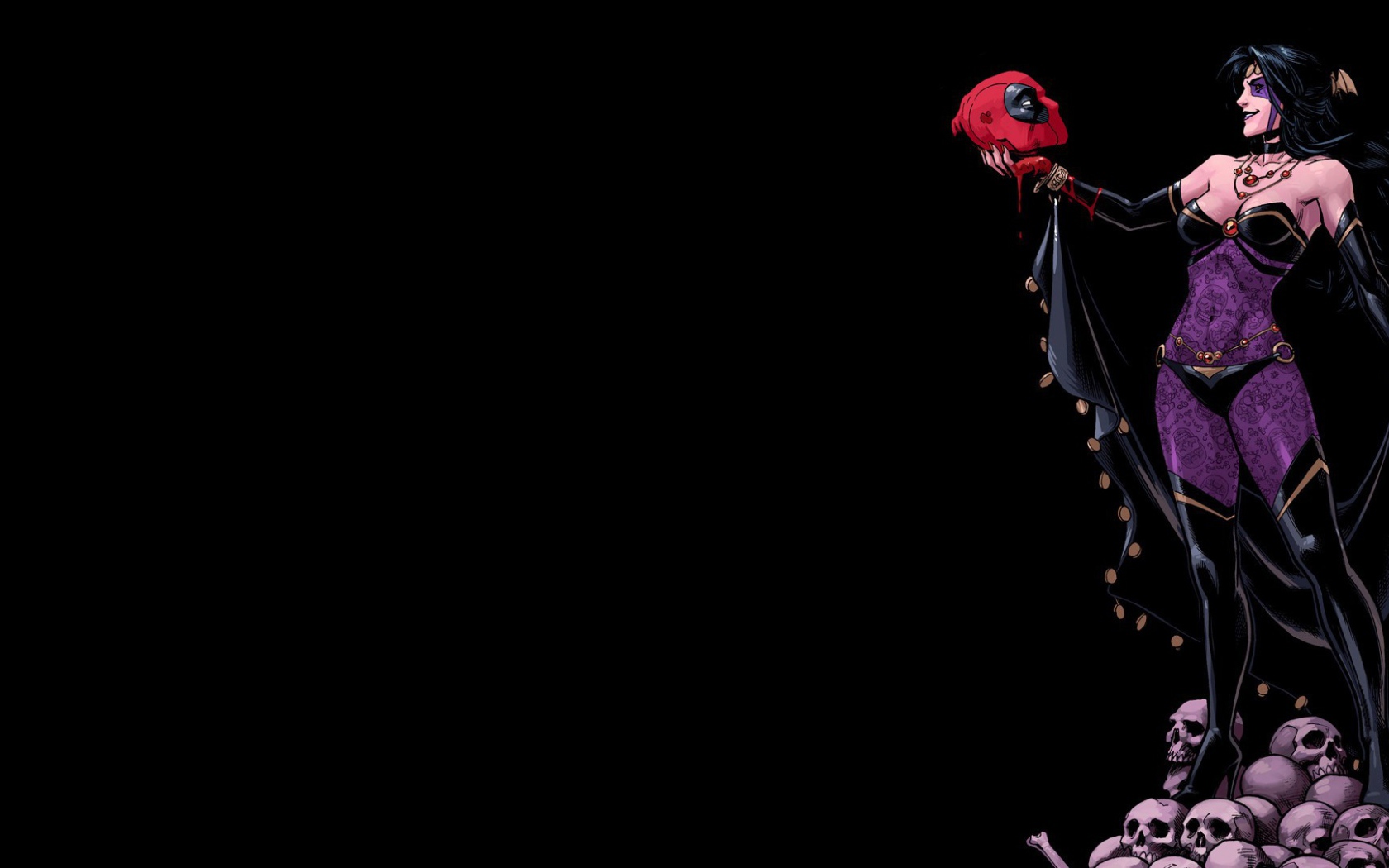 Девушка держит в руке голову Дэдпула