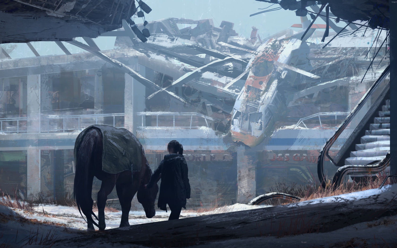 Девушка с лошадью в руинах аэропорта