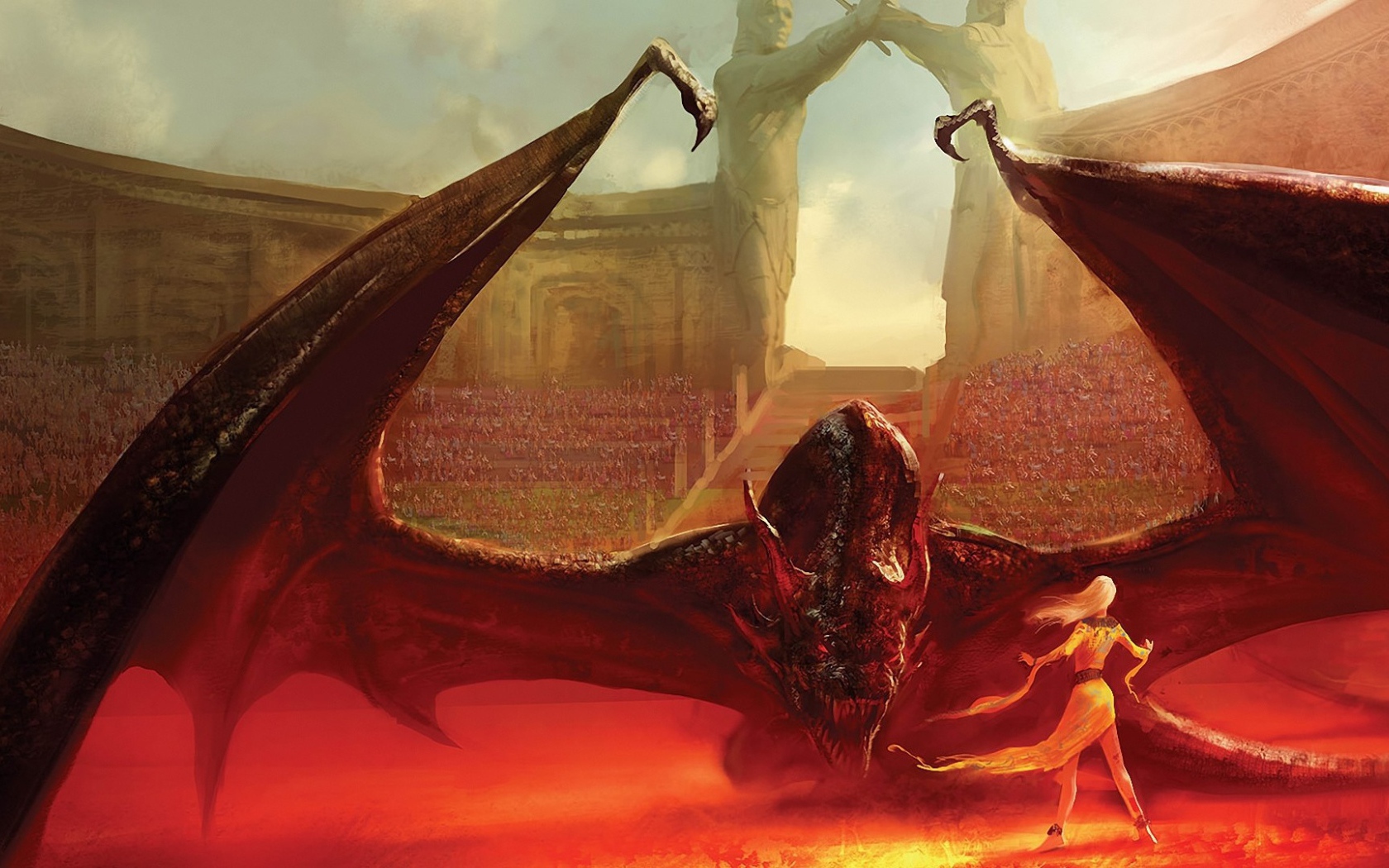 Девушка сражается с драконом на арене