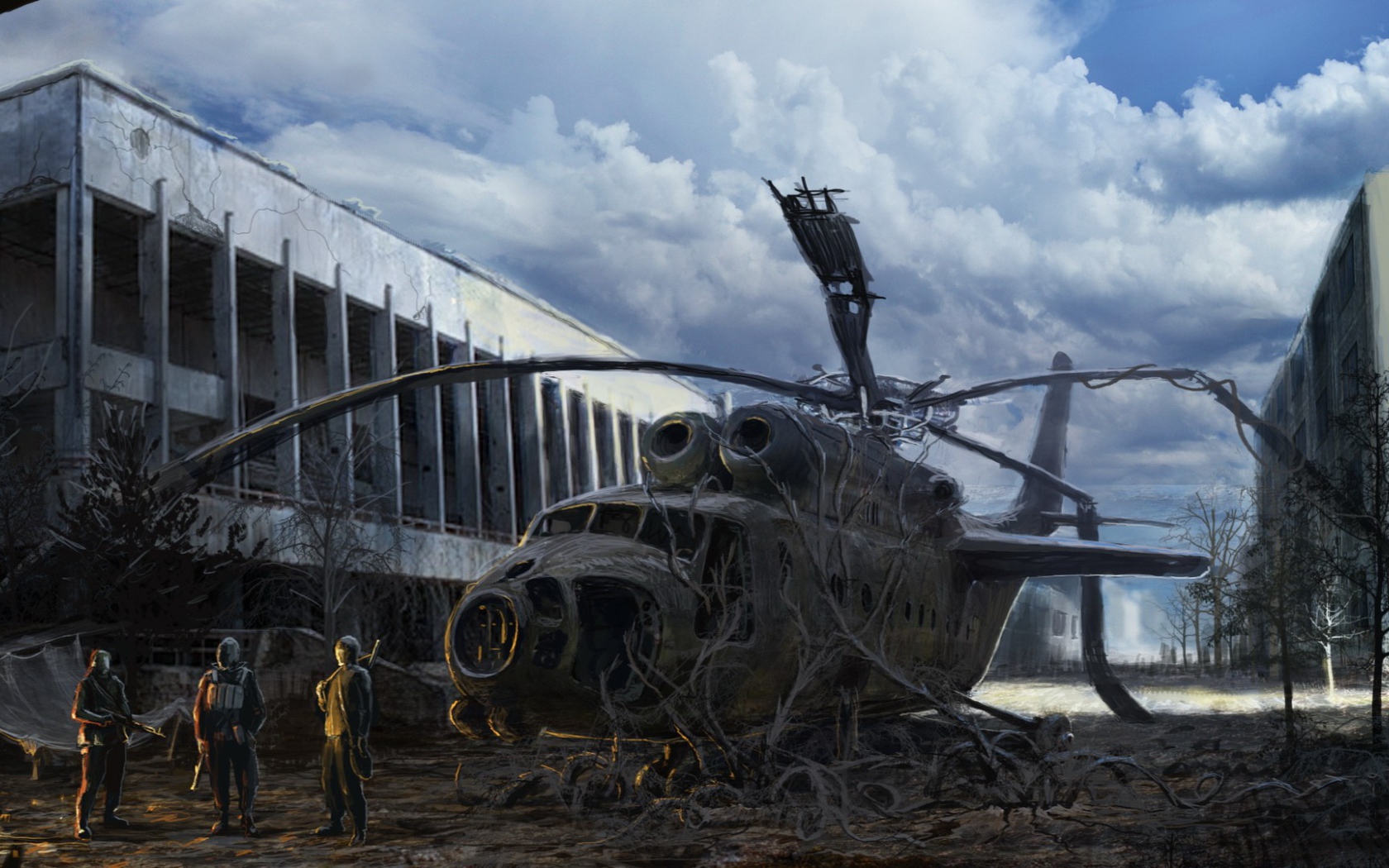 Разбитый вертолет зарос, постапокалипсис