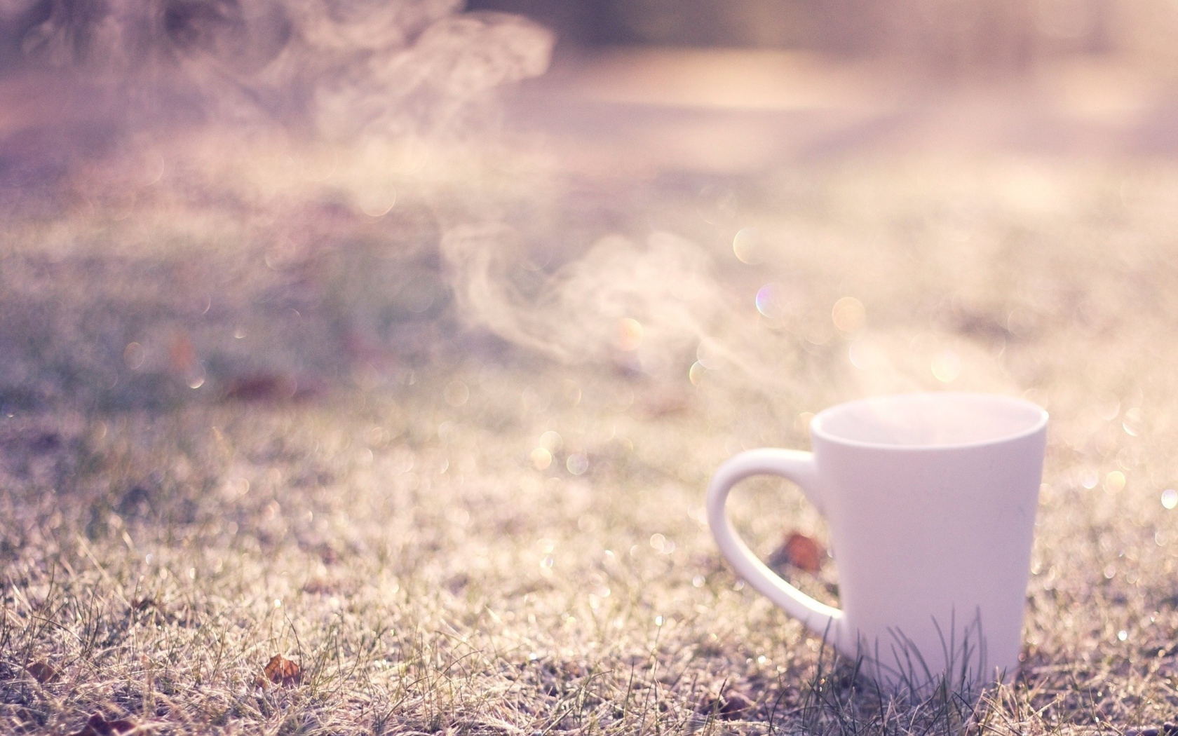 Дымящаяся чашка на траве
