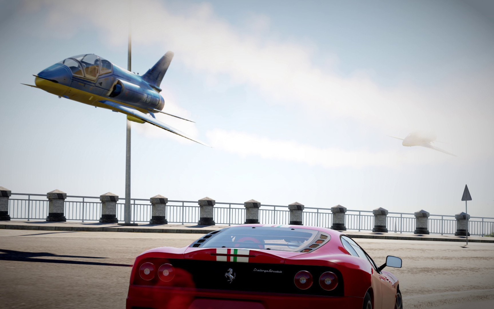 Истребитель над гоночным треком в игре Forza Horizon