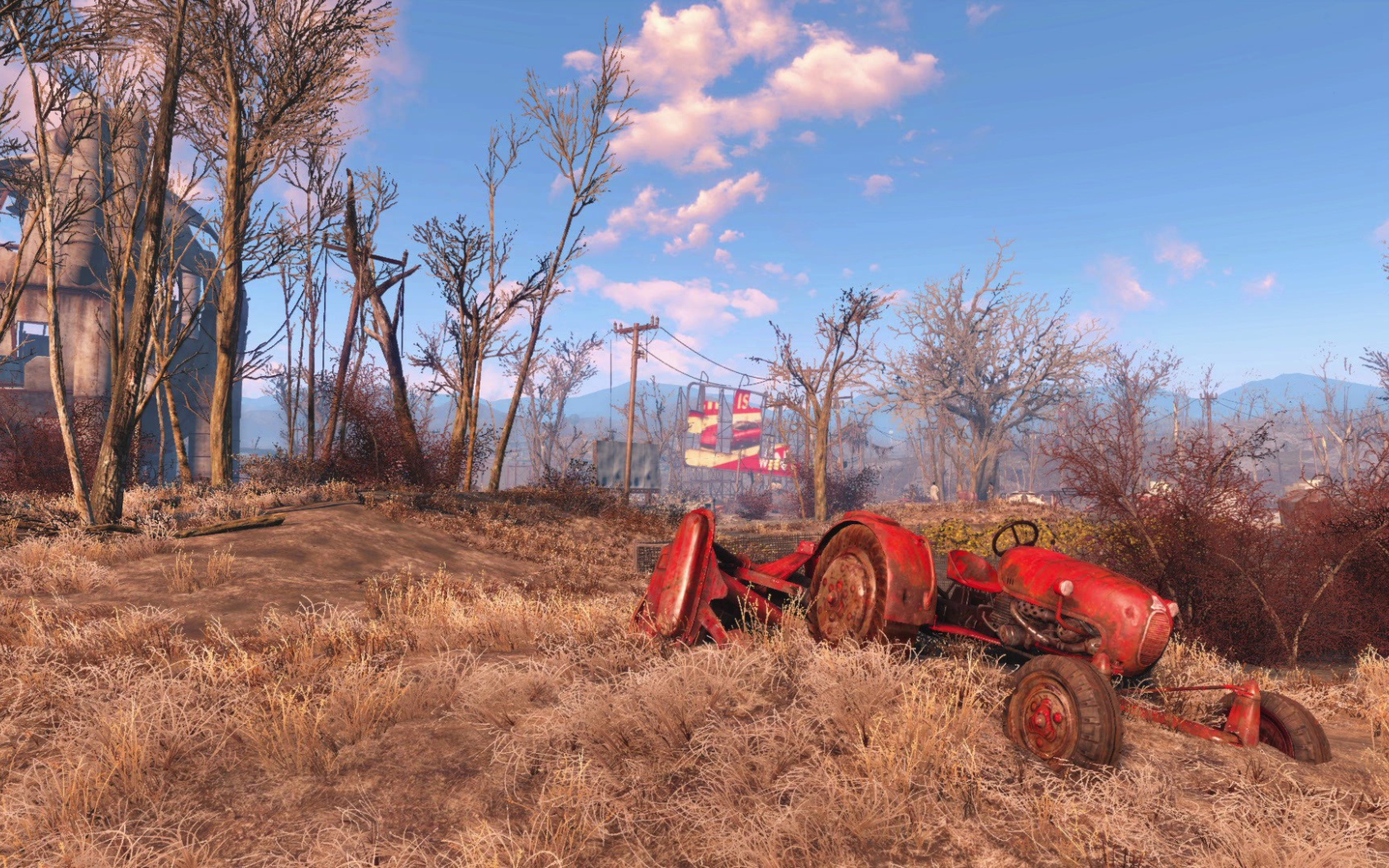 Разбитый трактор в поле, игра Fallout 4