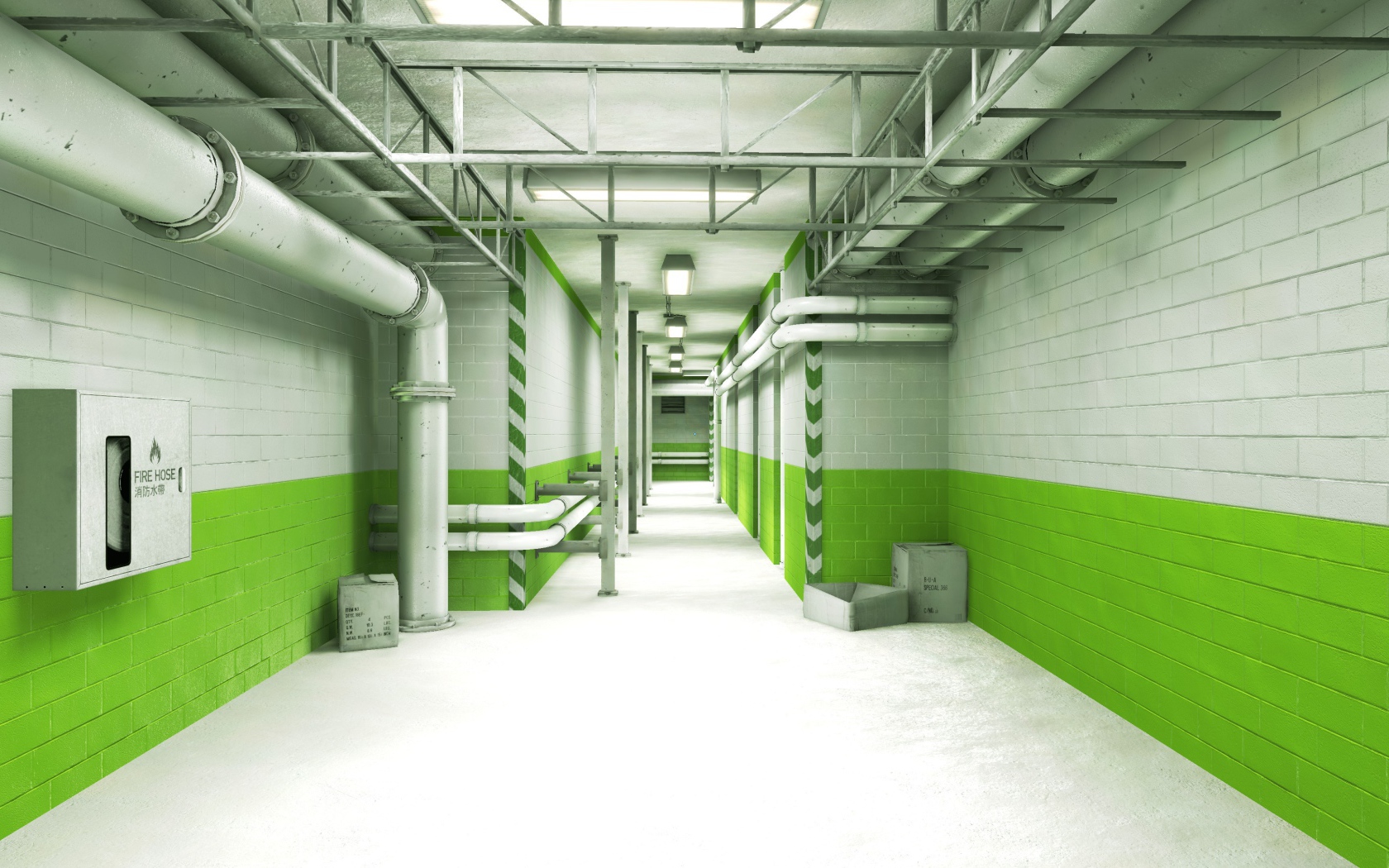 Зеленый интерьер подвала, игра Mirror's Edge