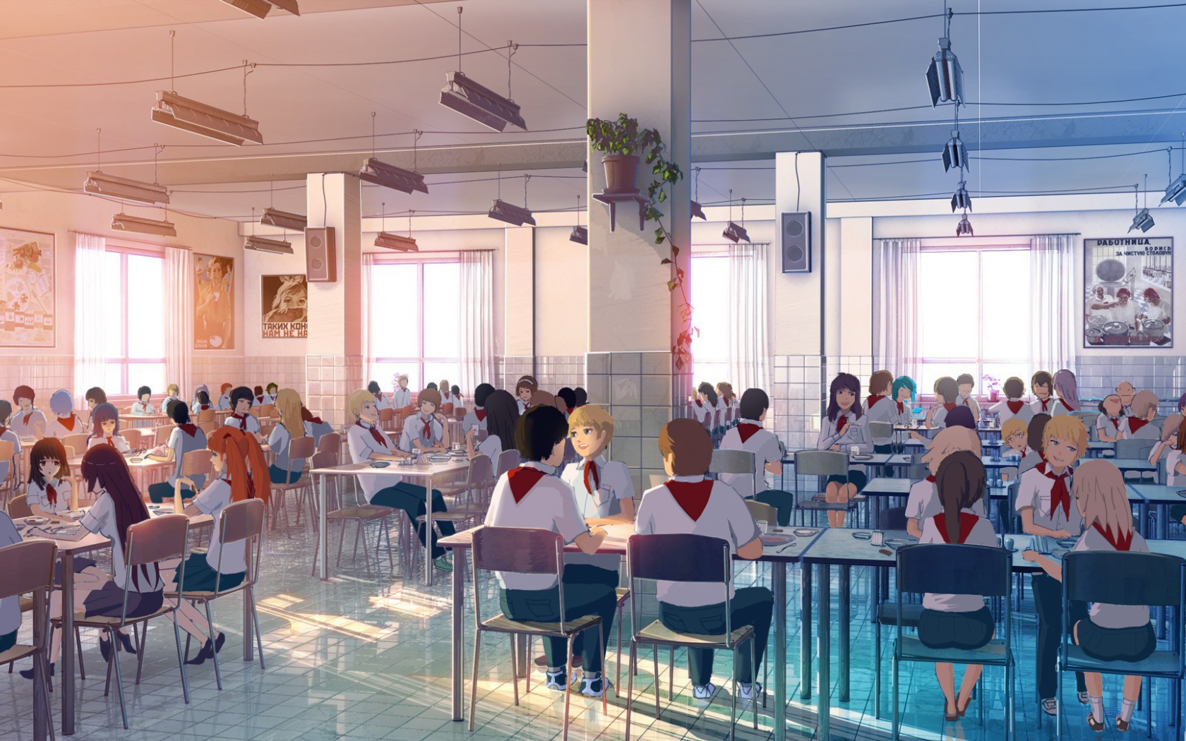 Пионеры в столовой в игре Бесконечное лето