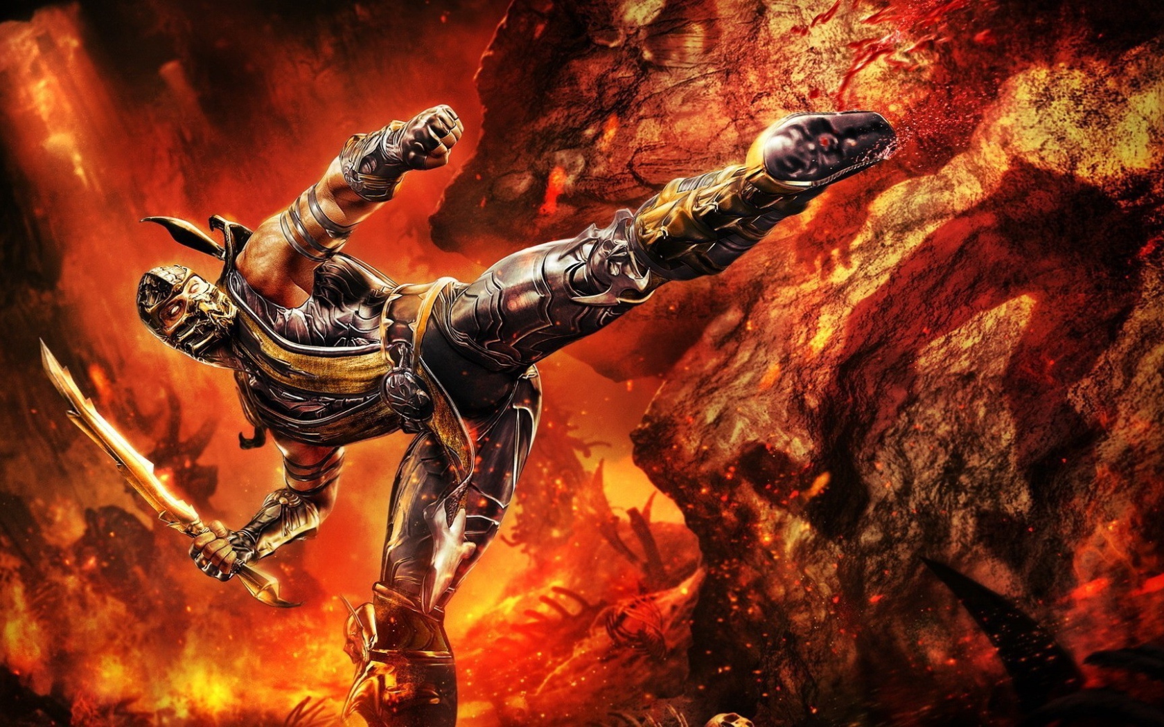 Скорпион на фоне огня в игре Mortal Kombat