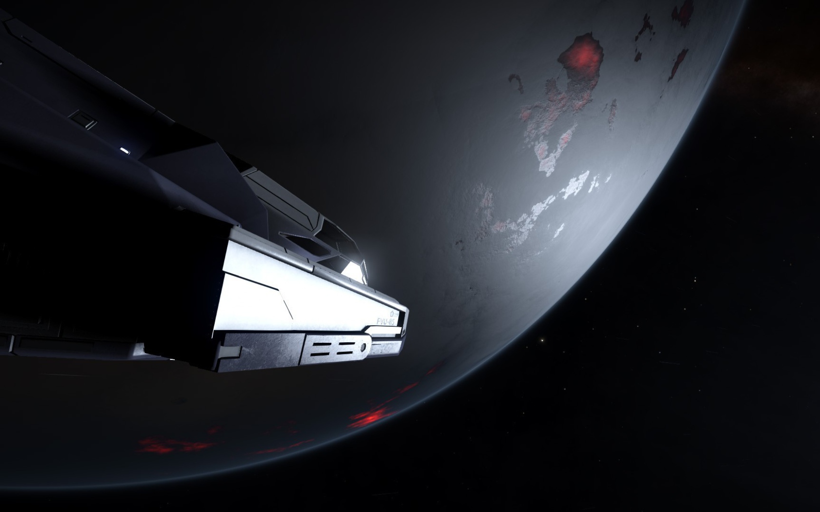 Корабль у серой планеты в игре Elite Dangerous