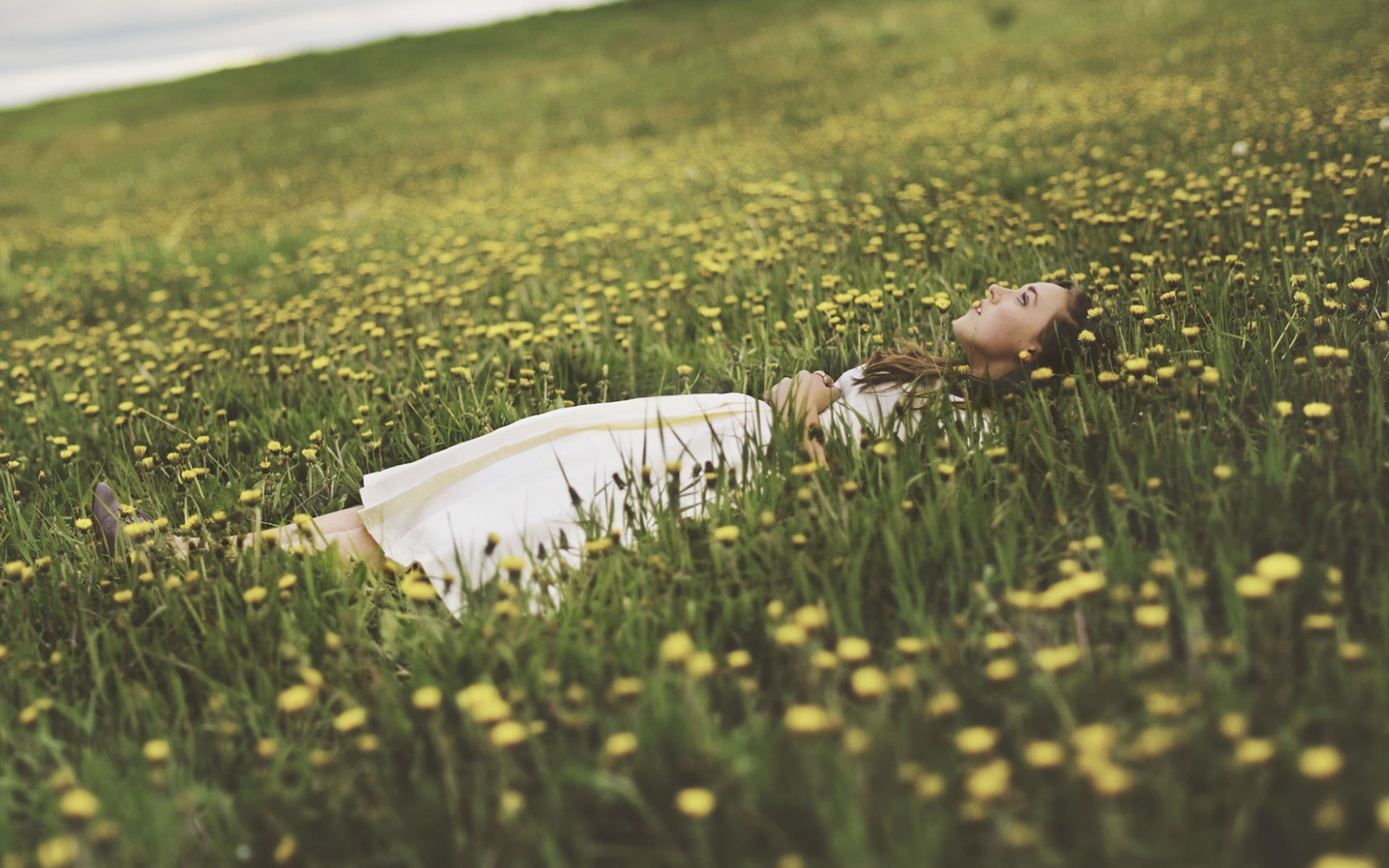 Девушка лежит в поле среди одуванчиков