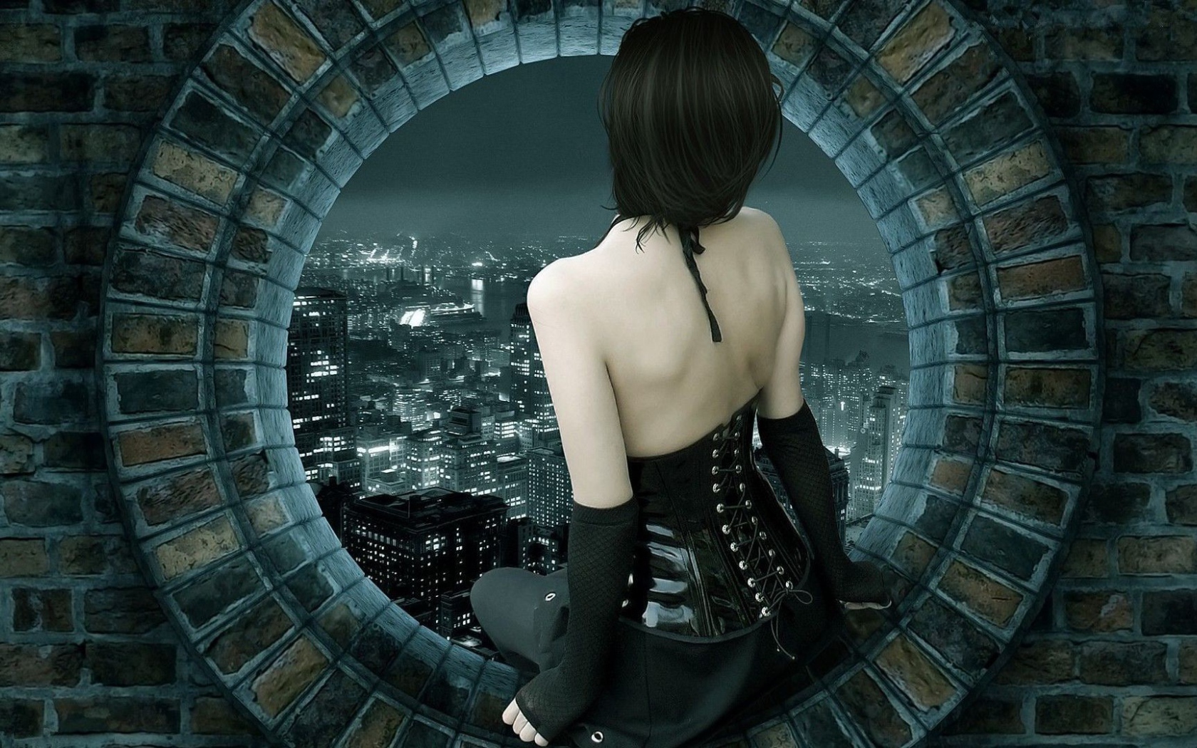 Девушка сидит на круглом окне