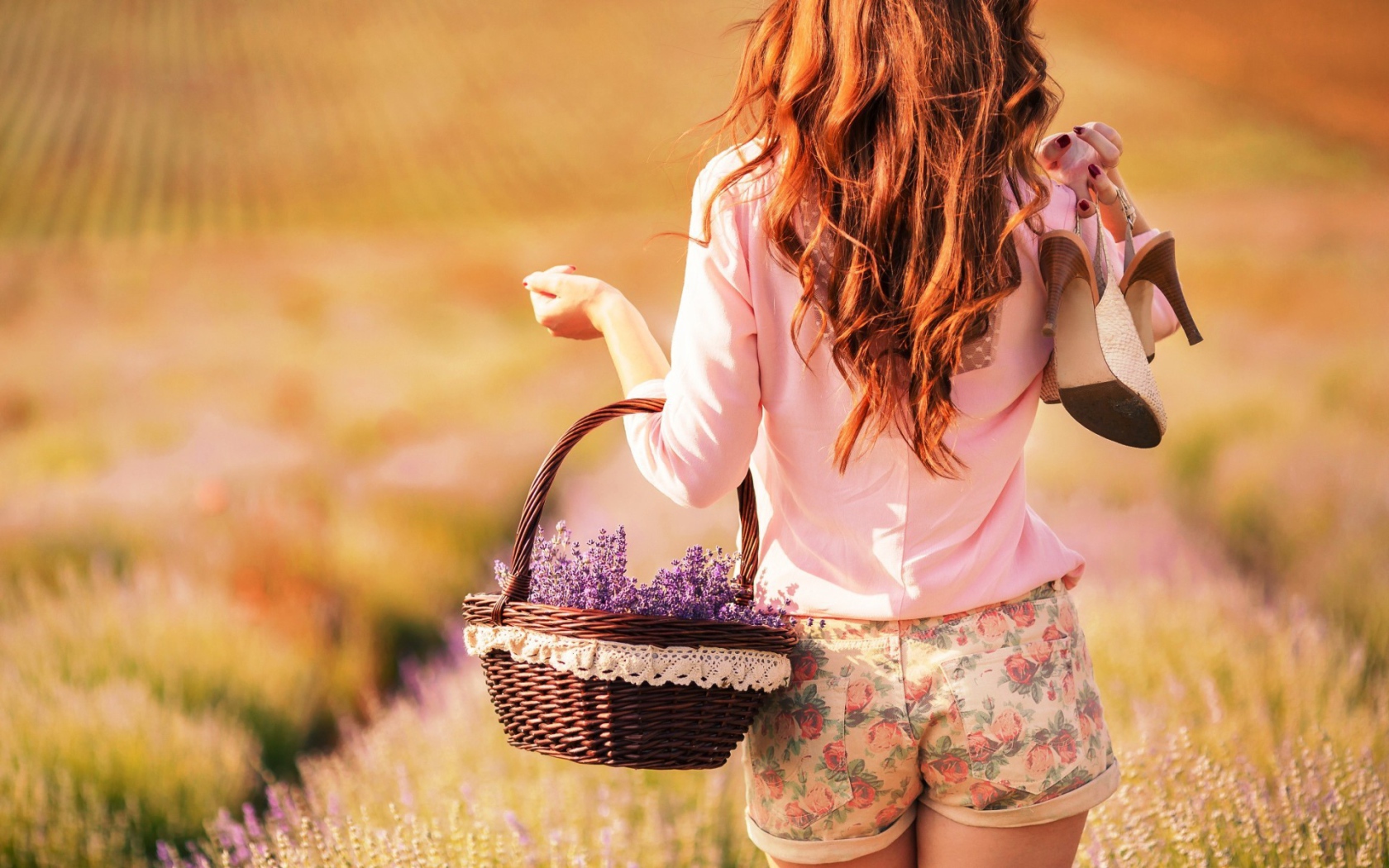 Девушка с корзинкой фиолетовых цветов