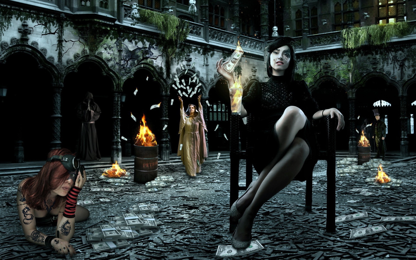 Девушки жгут доллары