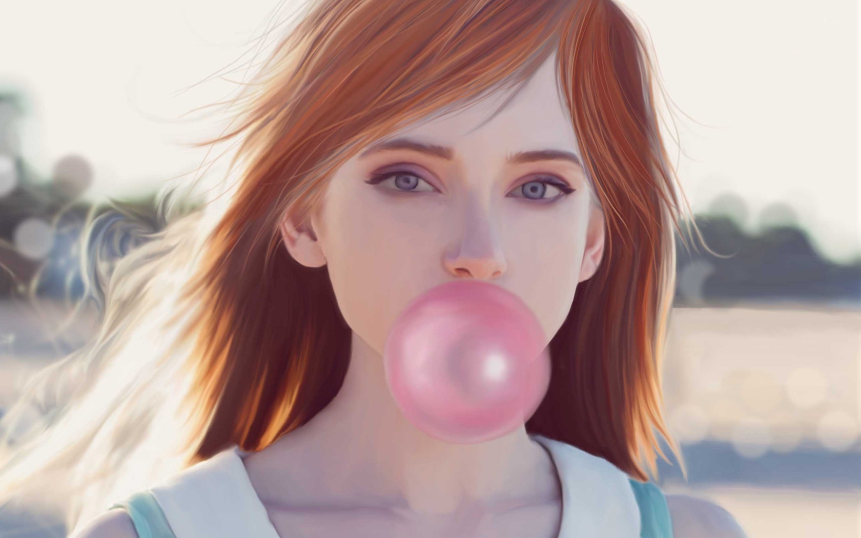 Рыжая девушка с розовой жевачкой