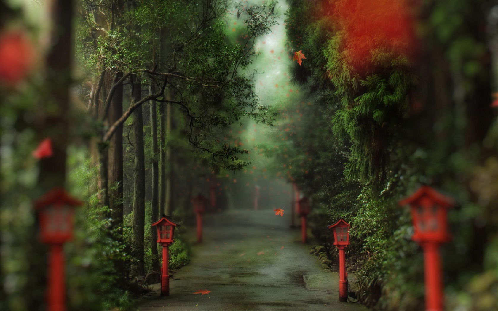 Аллея в парке с фонарями