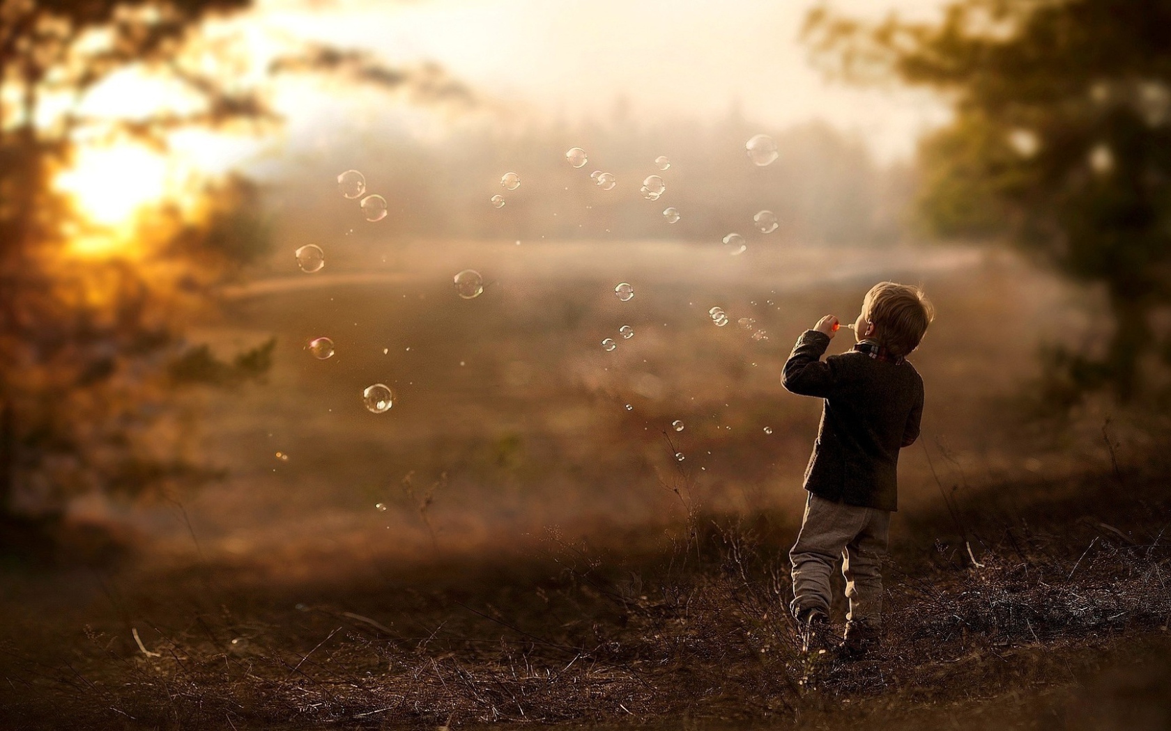 Мальчик запускает мыльные пузыри