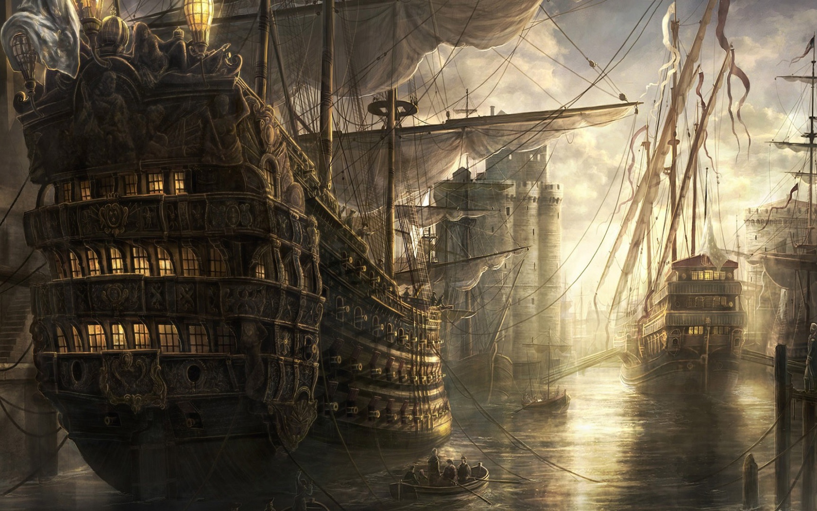 Старинные парусные корабли в порту