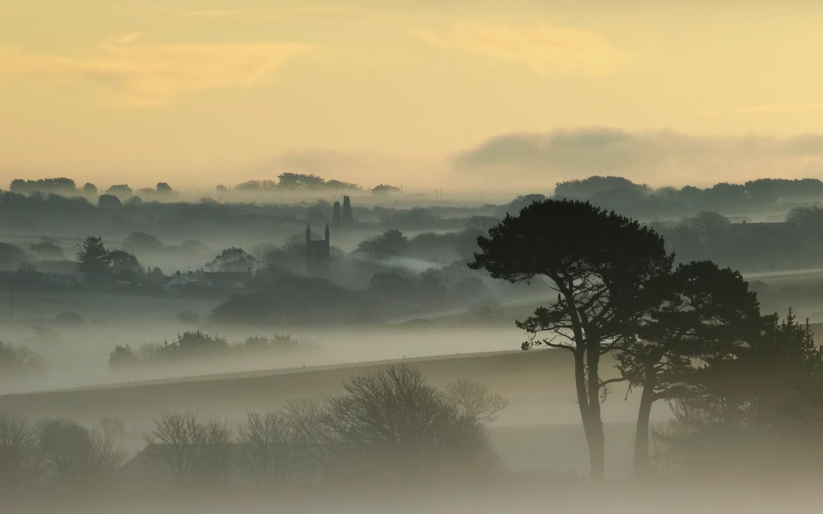 Город, покрытый густым туманом