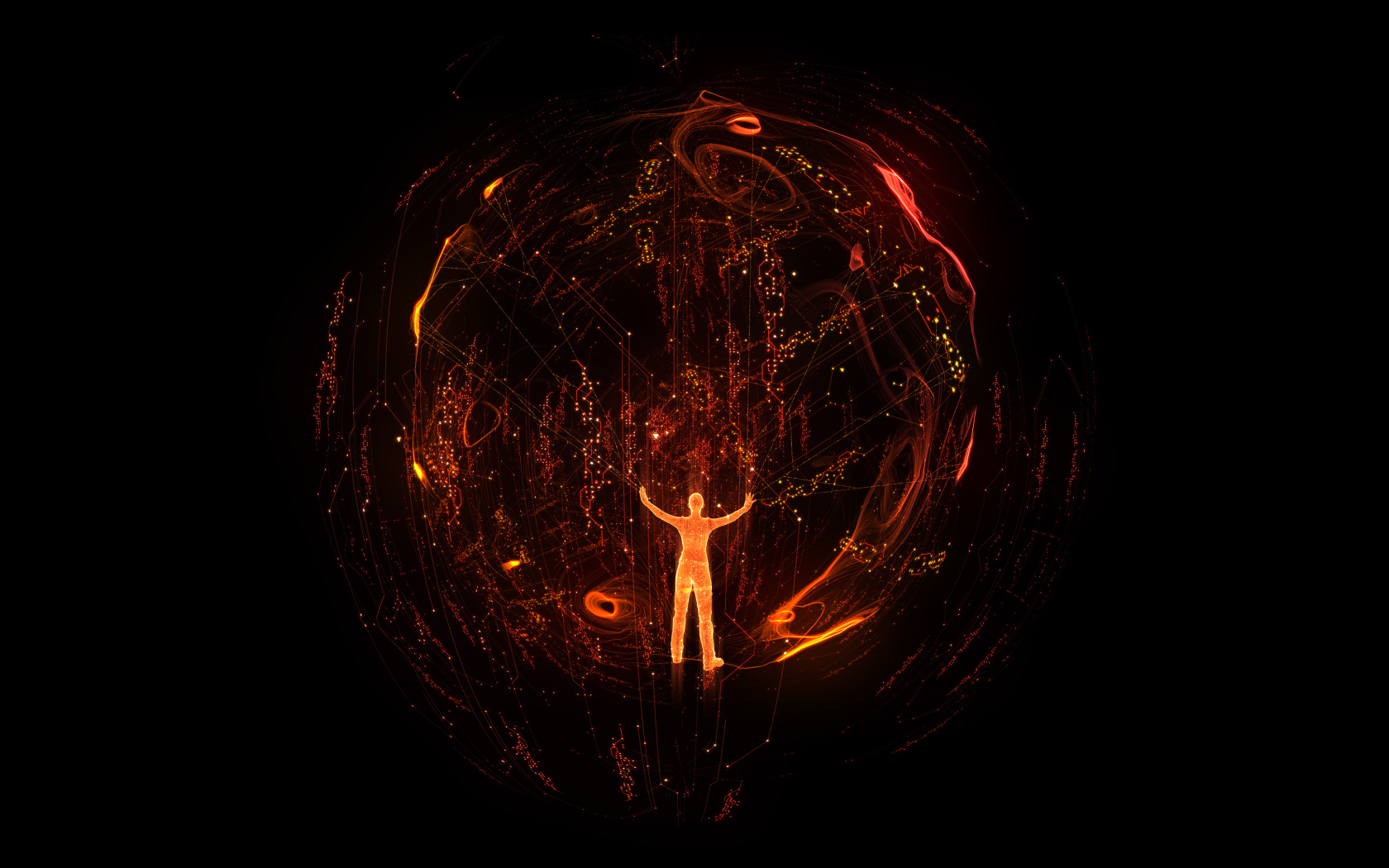 Огненный человек в сфере на черном фоне