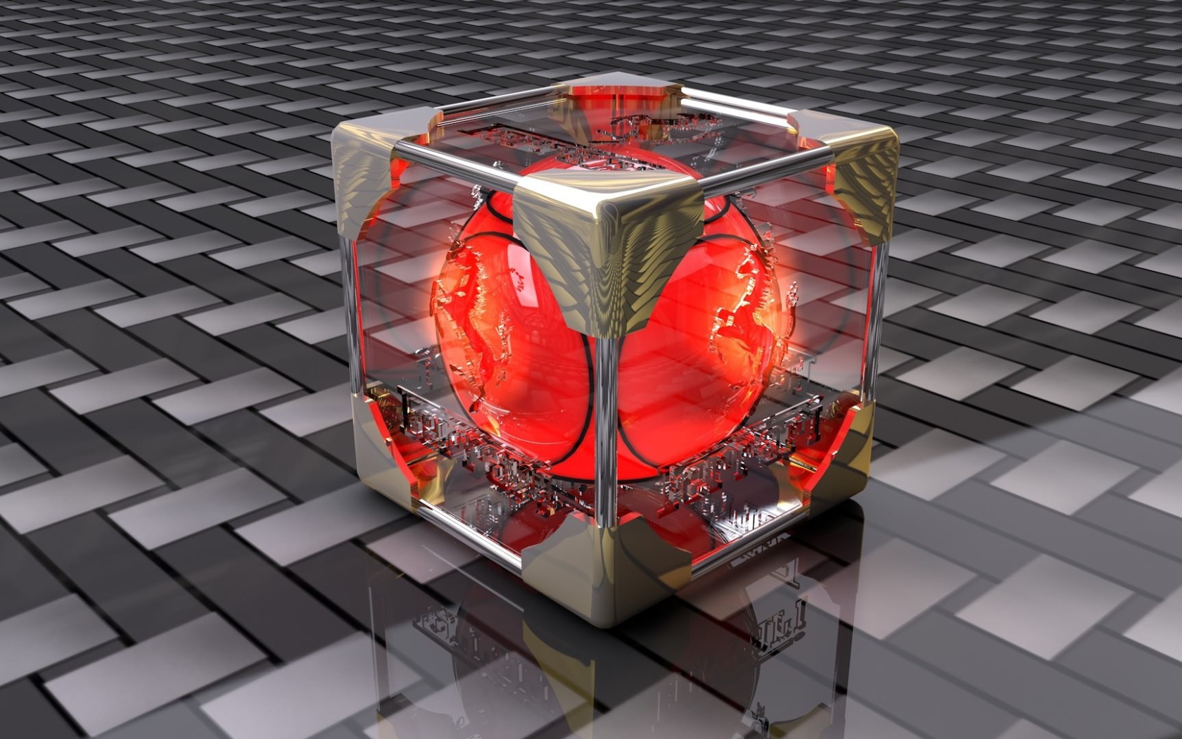 Красный шар в стеклянном кубе 3D графика 