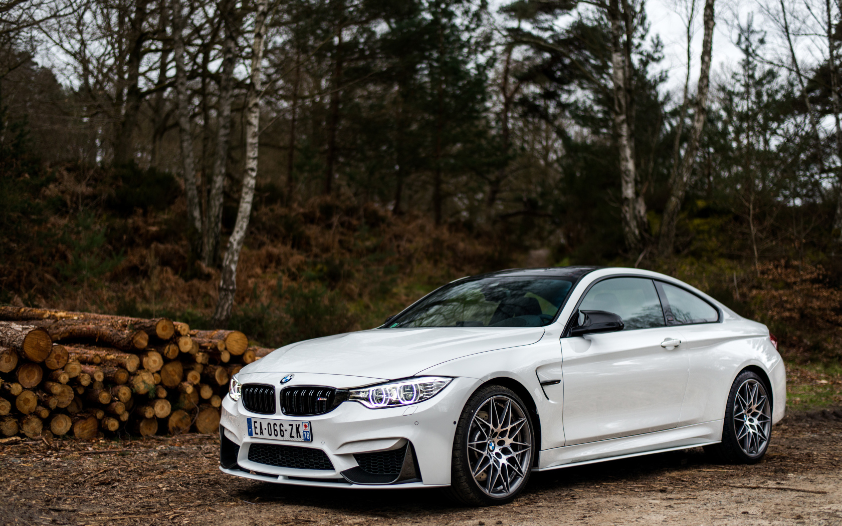 Белый стильный автомобиль BMW M4 на фоне деревьев