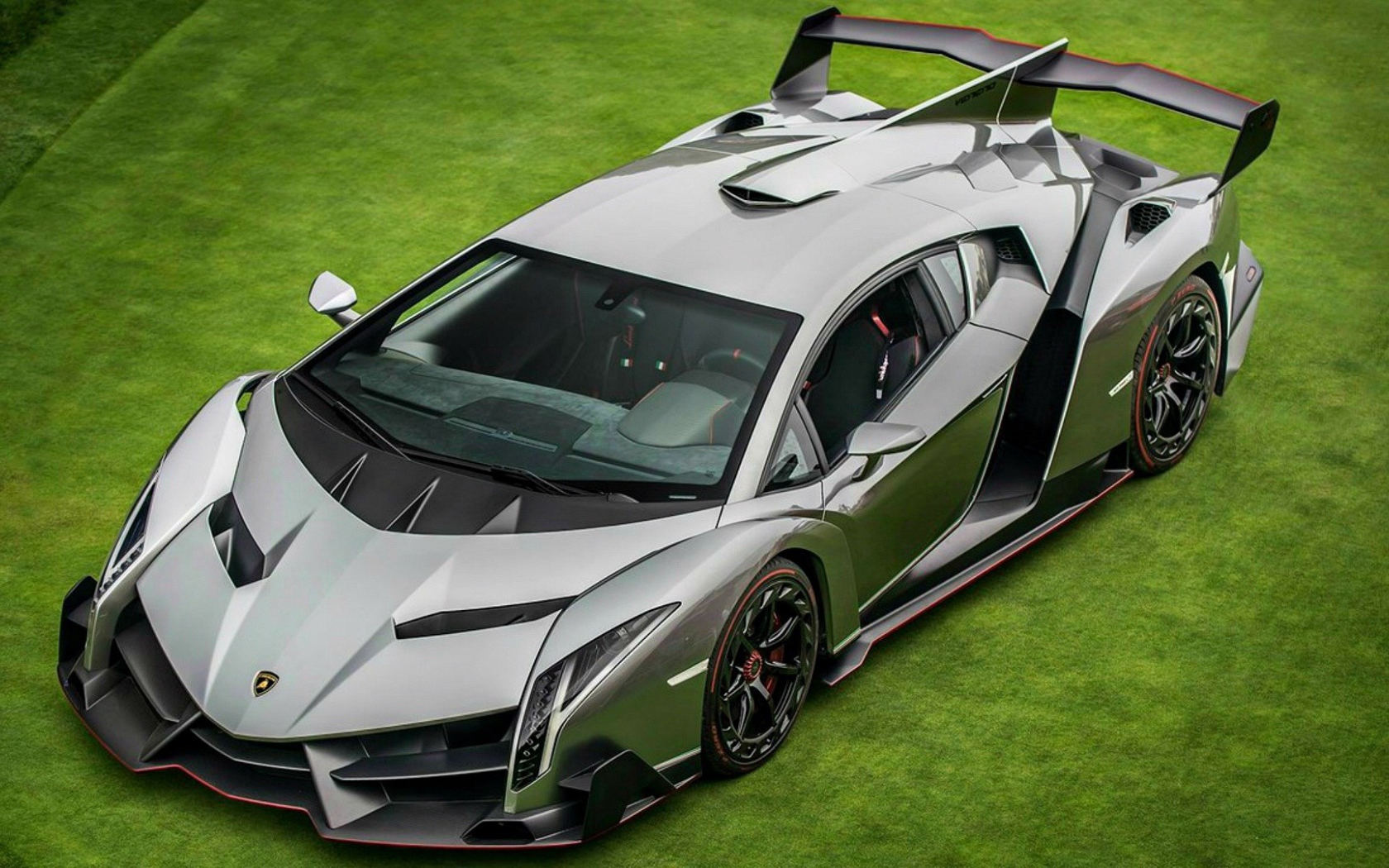 Серебристый спорткар Lamborghini Veneno на зеленом газоне 