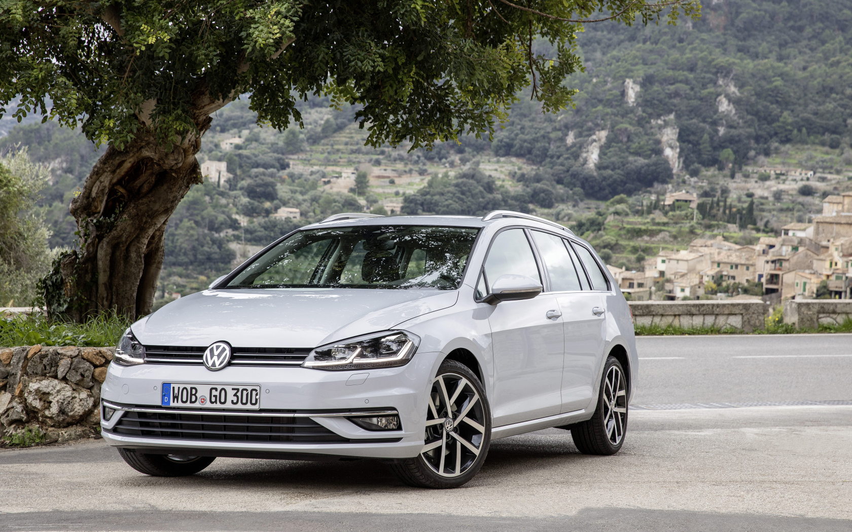 Серебристый Volkswagen Golf TDI Variant Worldwide (Typ 5G), 2017 под деревом 