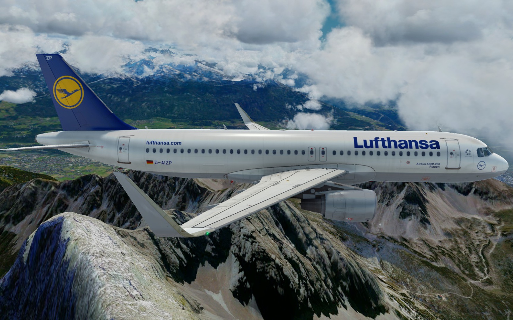 Airbus A320 авиакомпании Lufthansa полет над горами 